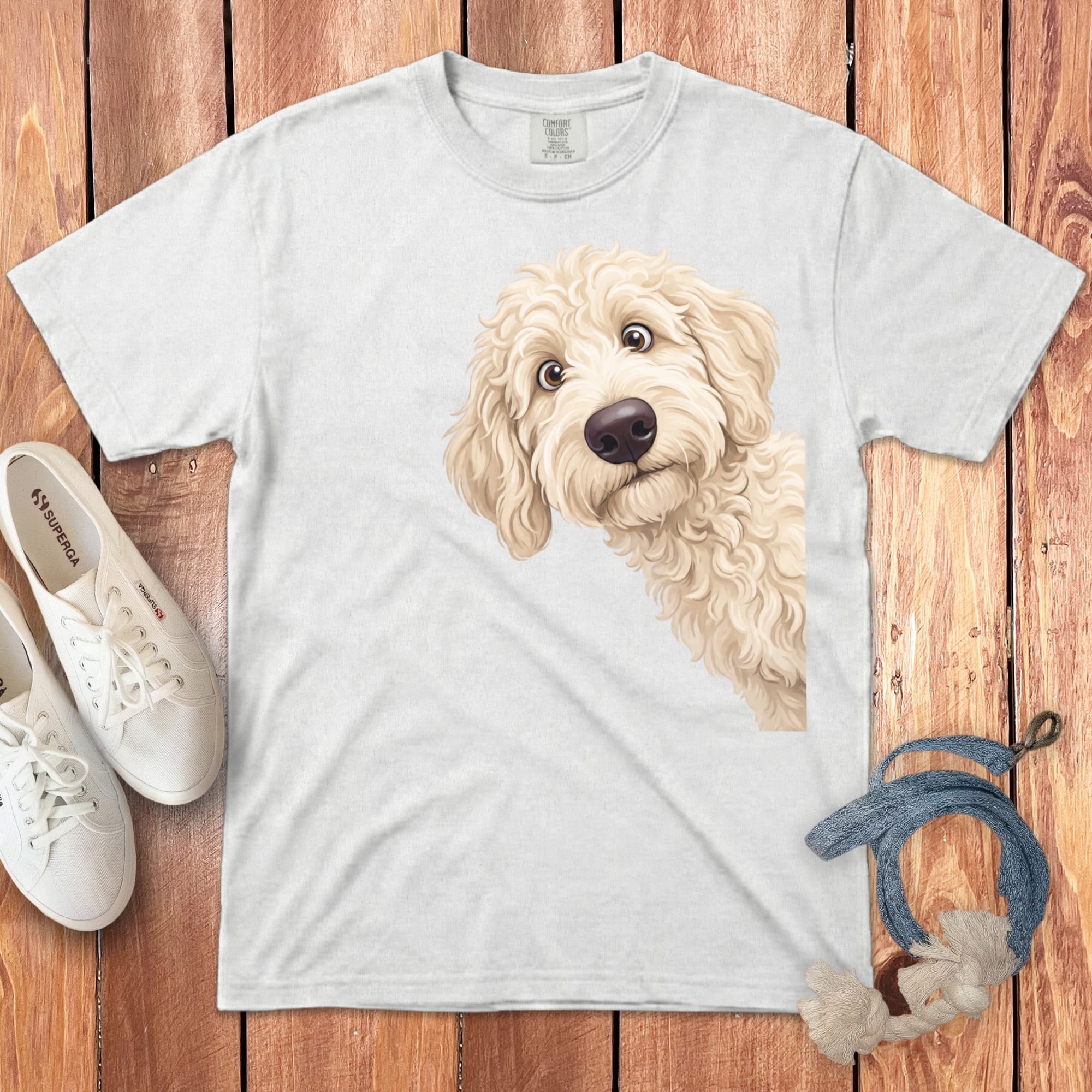 Funny Peeking Cream Goldendoodle Signature T-Shirt in White / S by Puppy Jo