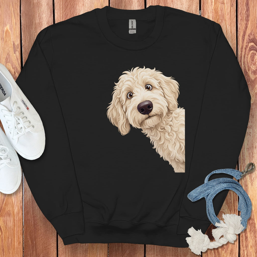 Funny Peeking Cream Goldendoodle Sweatshirt in Black / S by Puppy Jo