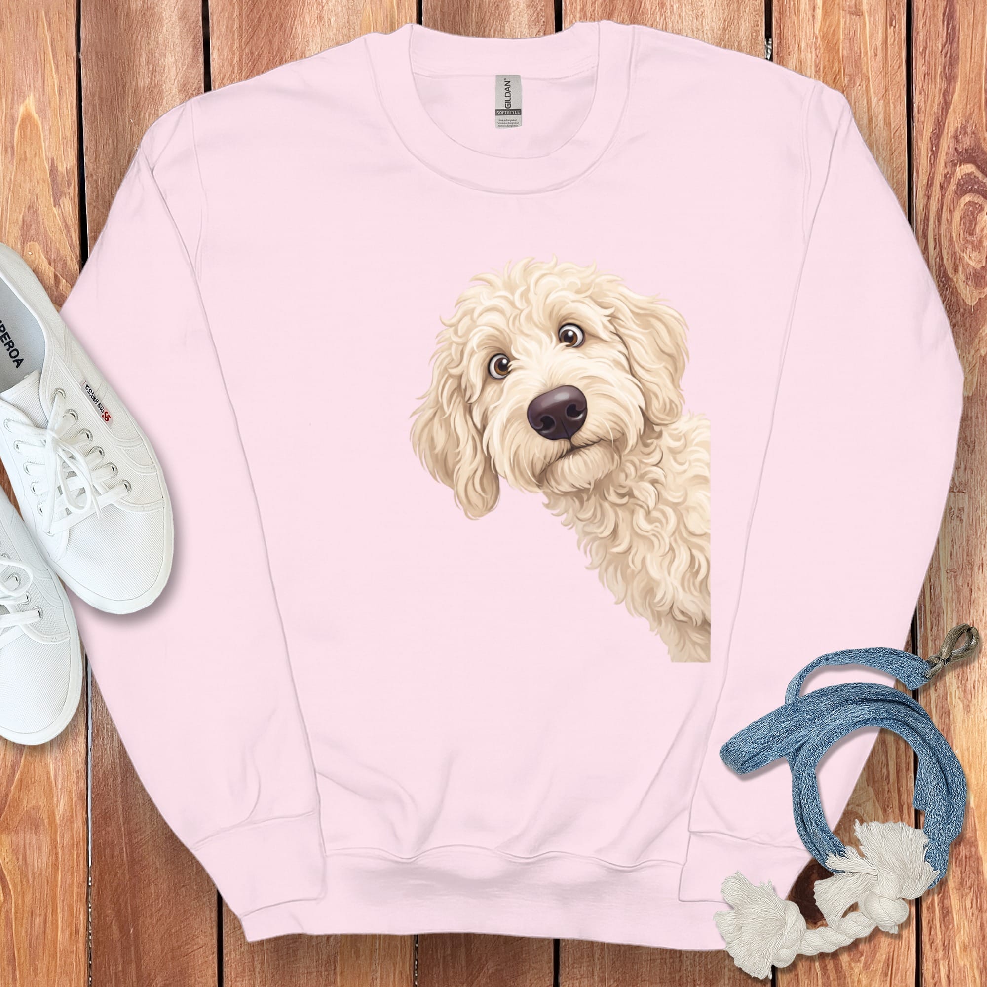 Funny Peeking Cream Goldendoodle Sweatshirt in Light Pink / S by Puppy Jo