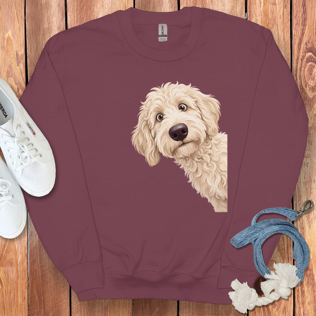 Funny Peeking Cream Goldendoodle Sweatshirt in Maroon / S by Puppy Jo