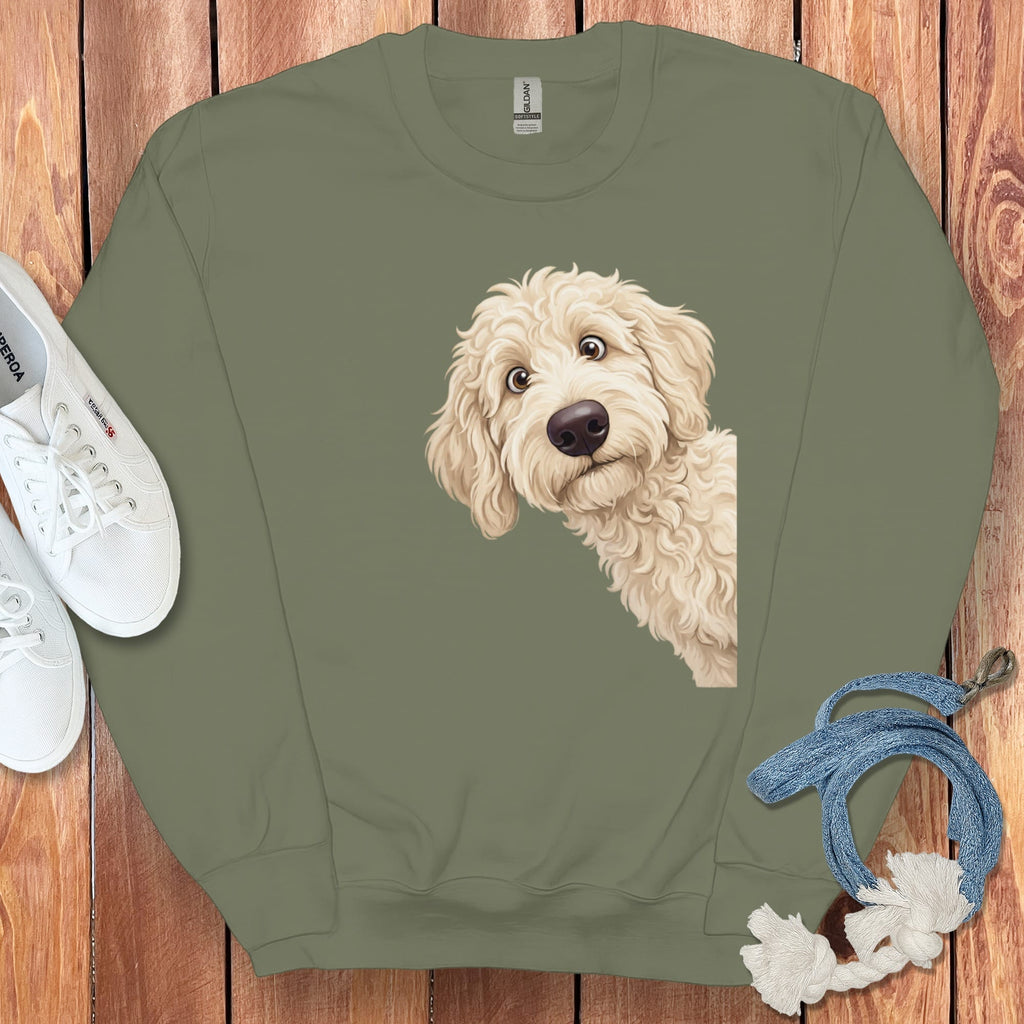 Funny Peeking Cream Goldendoodle Sweatshirt in Military Green / S by Puppy Jo