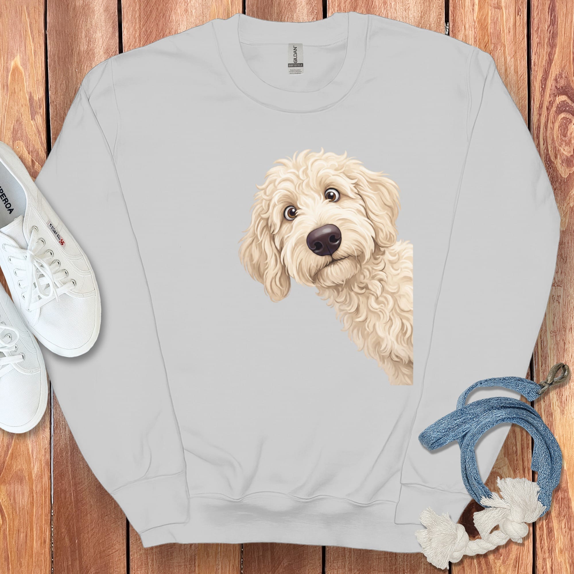 Funny Peeking Cream Goldendoodle Sweatshirt in by Puppy Jo