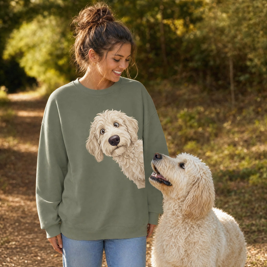 Funny Peeking Cream Goldendoodle Sweatshirt in by Puppy Jo