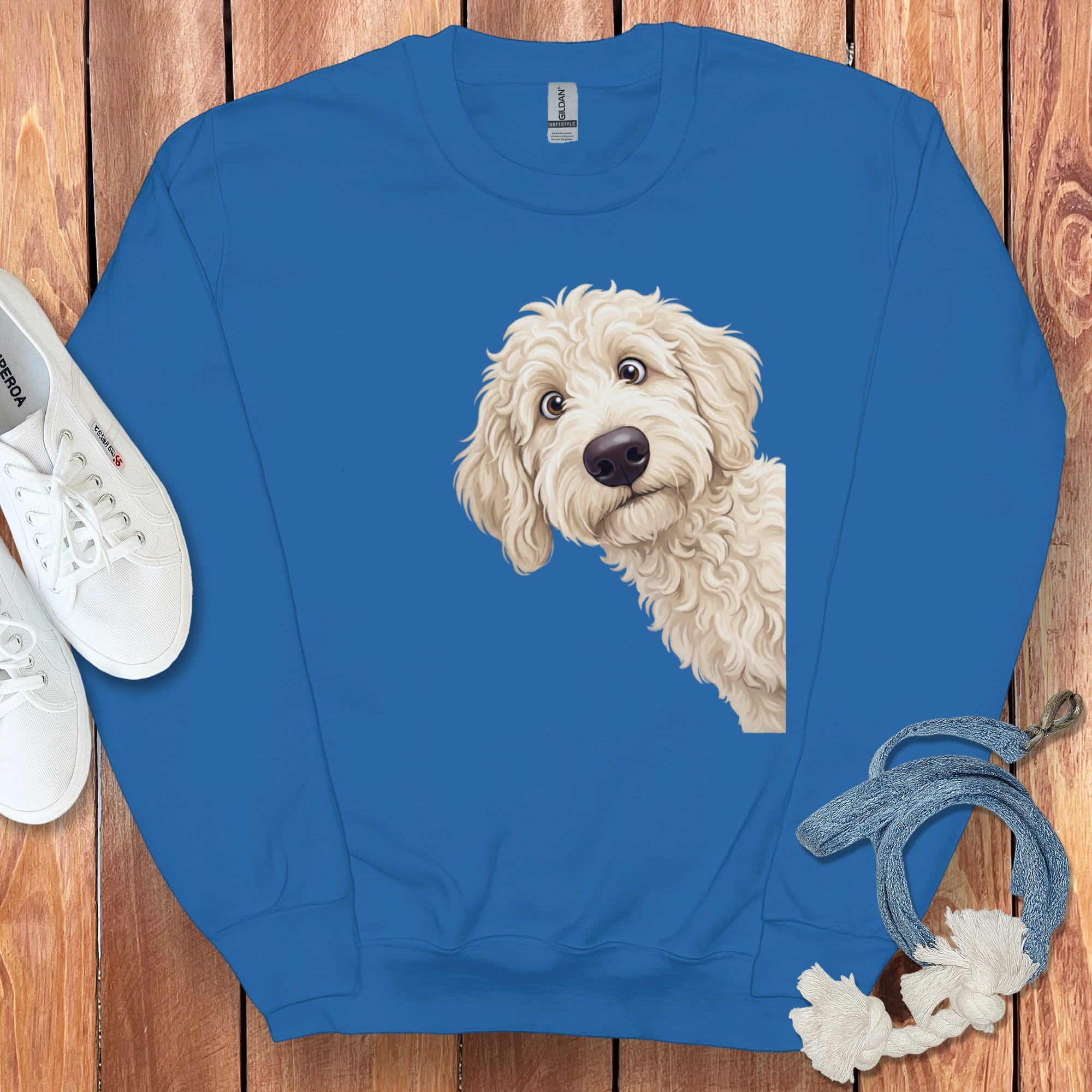 Funny Peeking Cream Goldendoodle Sweatshirt in Royal / S by Puppy Jo