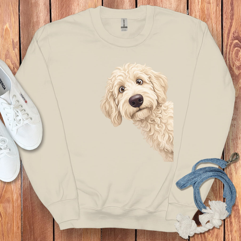 Funny Peeking Cream Goldendoodle Sweatshirt in Sand / S by Puppy Jo