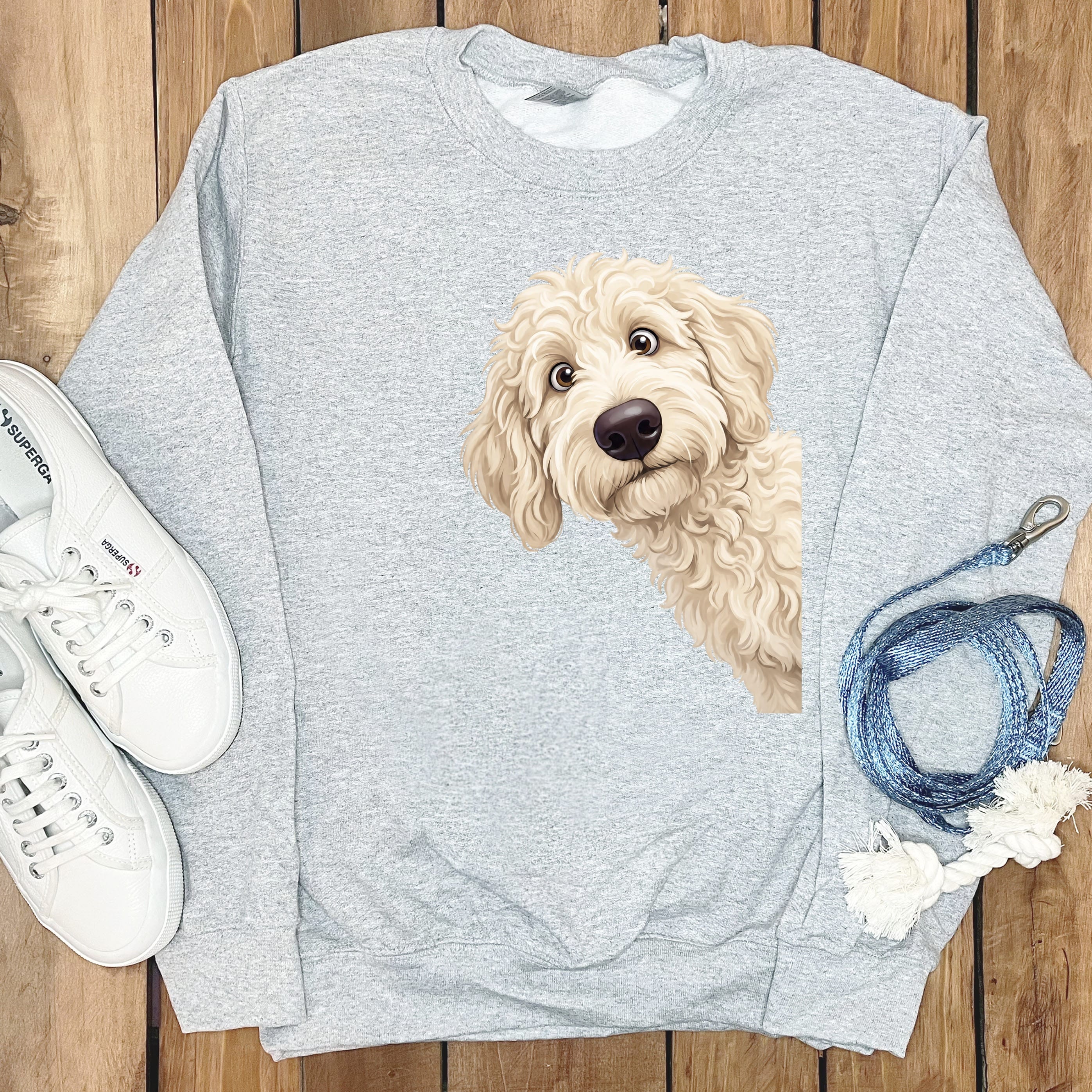 Funny Peeking Cream Goldendoodle Sweatshirt in Sport Grey / S by Puppy Jo