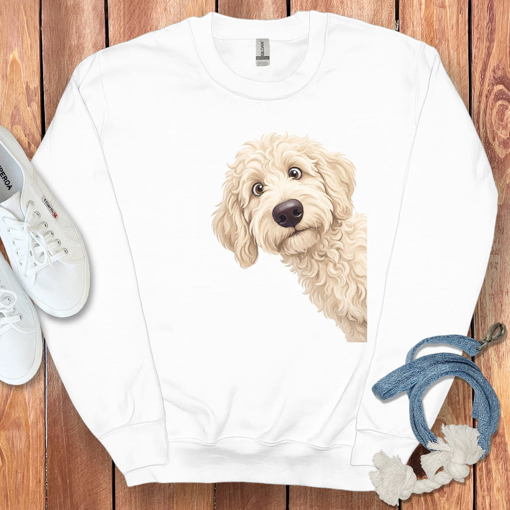 Funny Peeking Cream Goldendoodle Sweatshirt in White / S by Puppy Jo