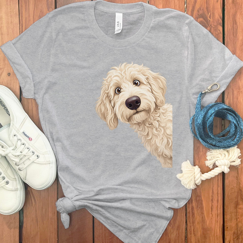 Funny Peeking Cream Goldendoodle T-Shirt in Athletic Heather / S by Puppy Jo