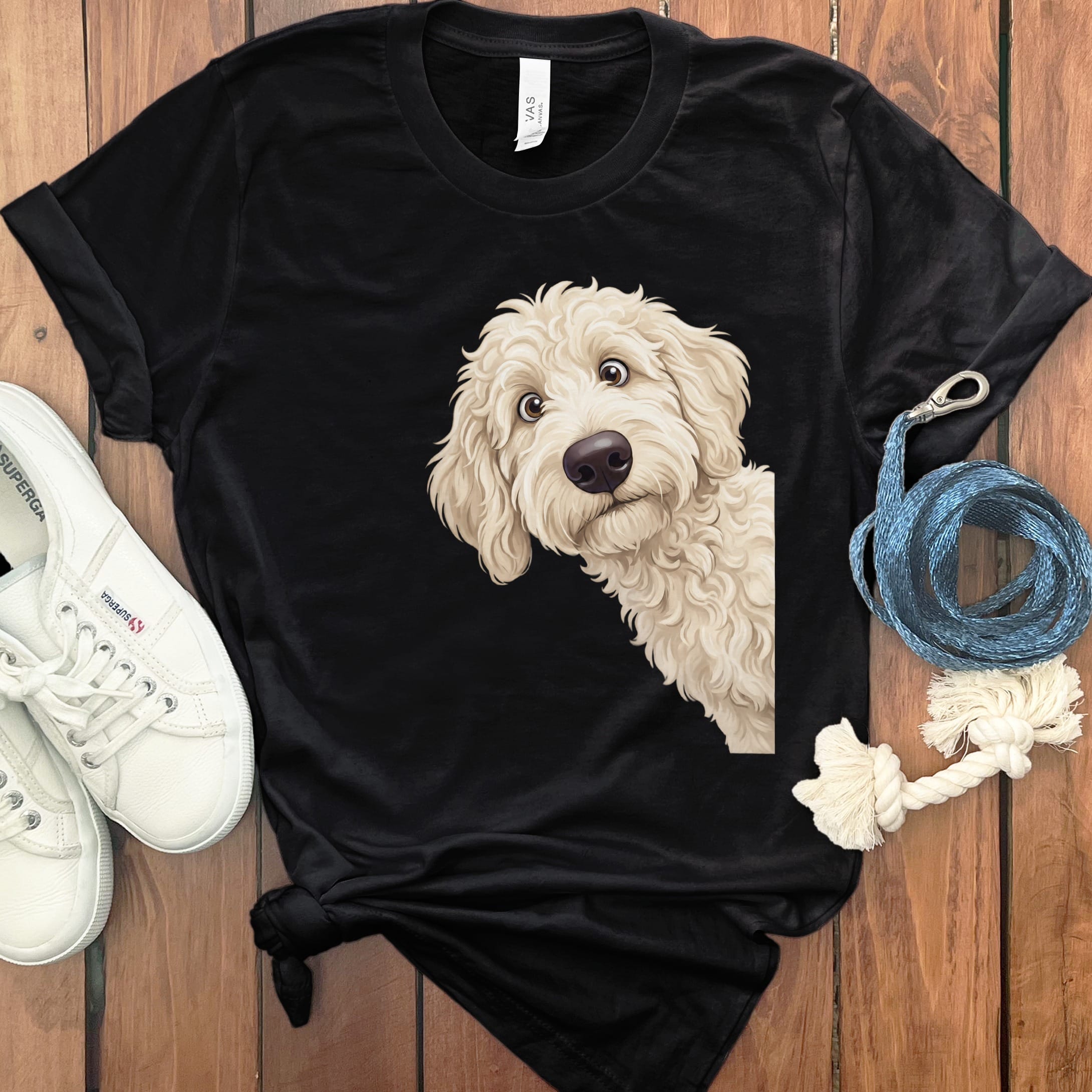 Funny Peeking Cream Goldendoodle T-Shirt in Black / S by Puppy Jo