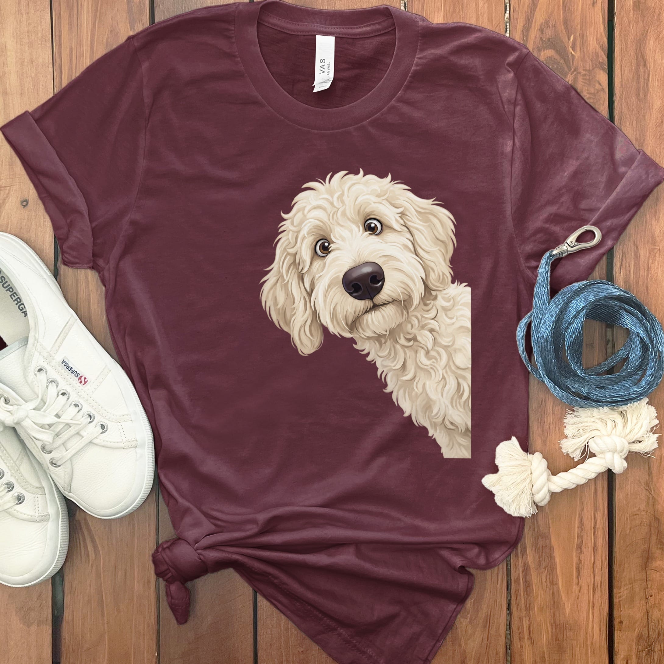 Funny Peeking Cream Goldendoodle T-Shirt in Maroon / S by Puppy Jo