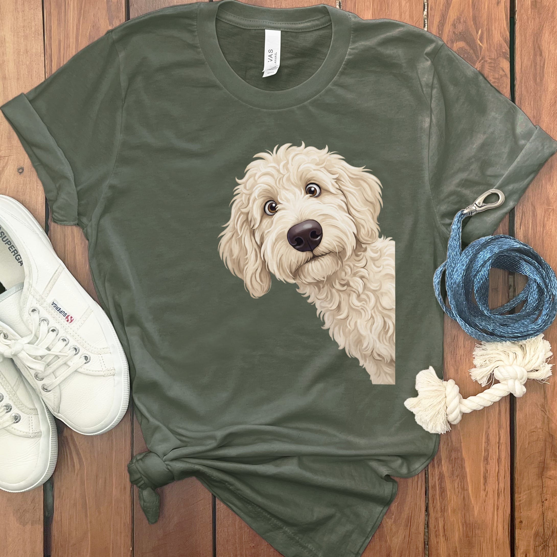 Funny Peeking Cream Goldendoodle T-Shirt in Military Green / S by Puppy Jo