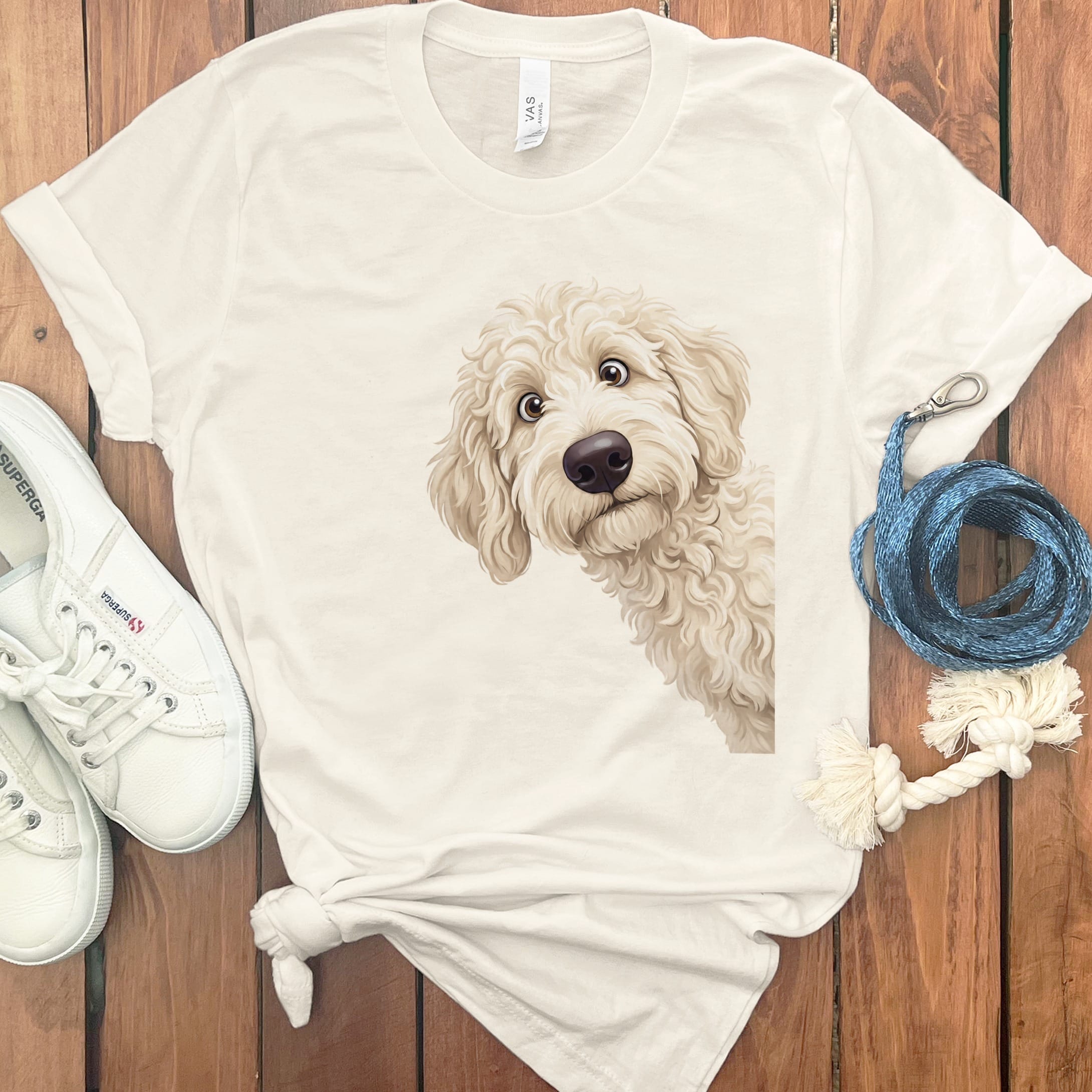 Funny Peeking Cream Goldendoodle T-Shirt in Natural / S by Puppy Jo