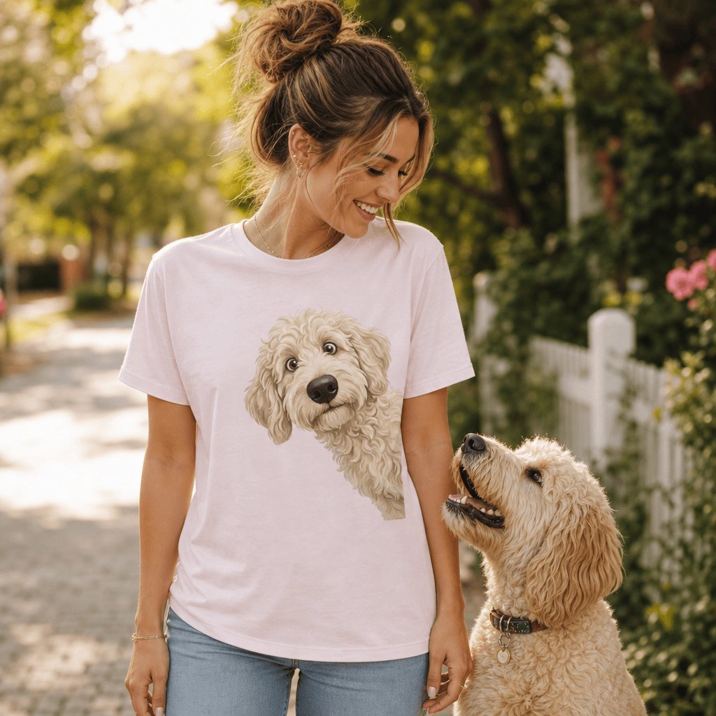 Funny Peeking Cream Goldendoodle T-Shirt in by Puppy Jo