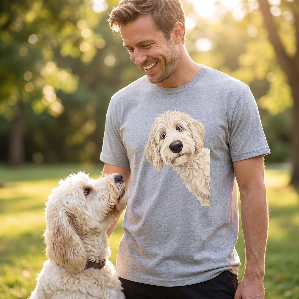 Funny Peeking Cream Goldendoodle T-Shirt in by Puppy Jo