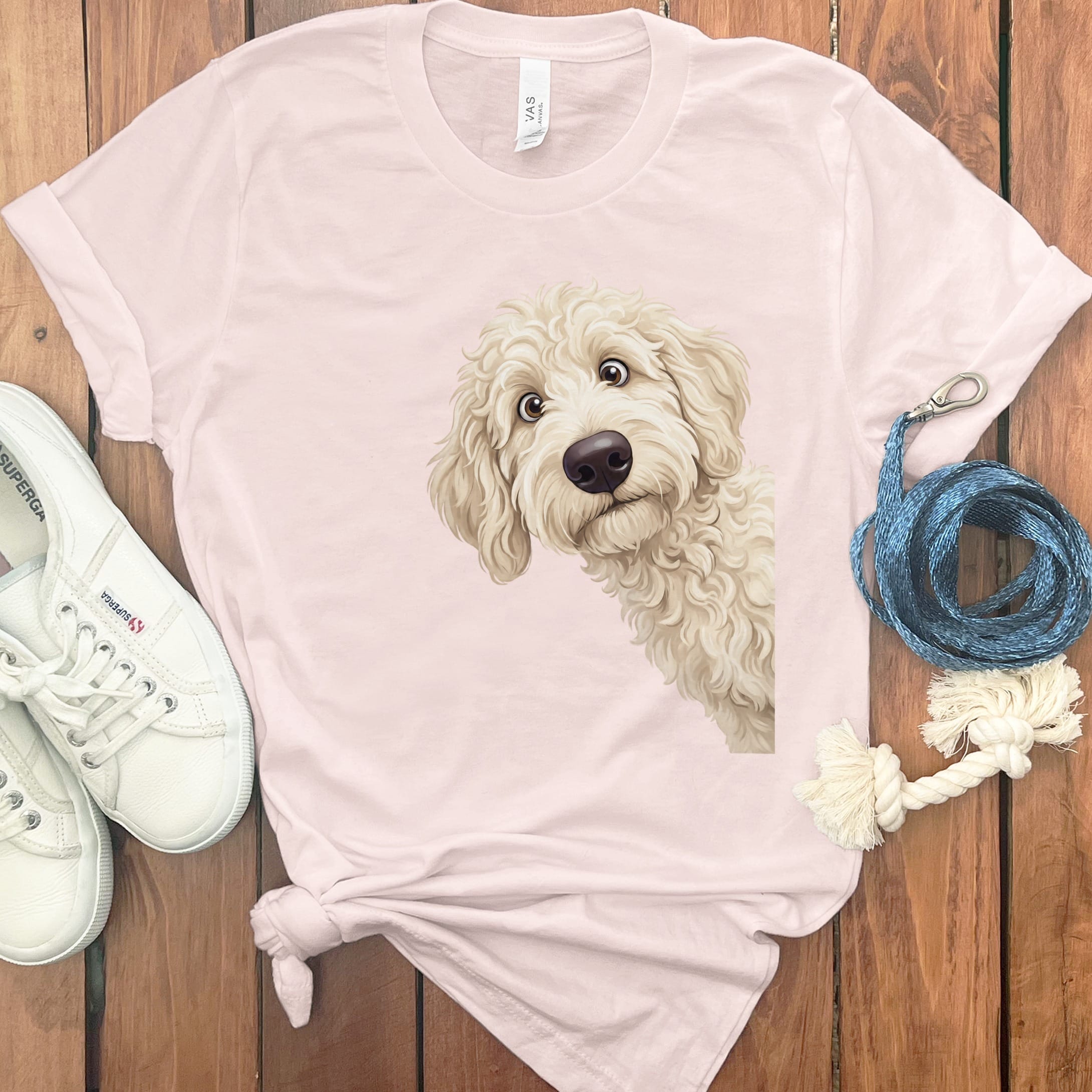 Funny Peeking Cream Goldendoodle T-Shirt in Soft Pink / S by Puppy Jo