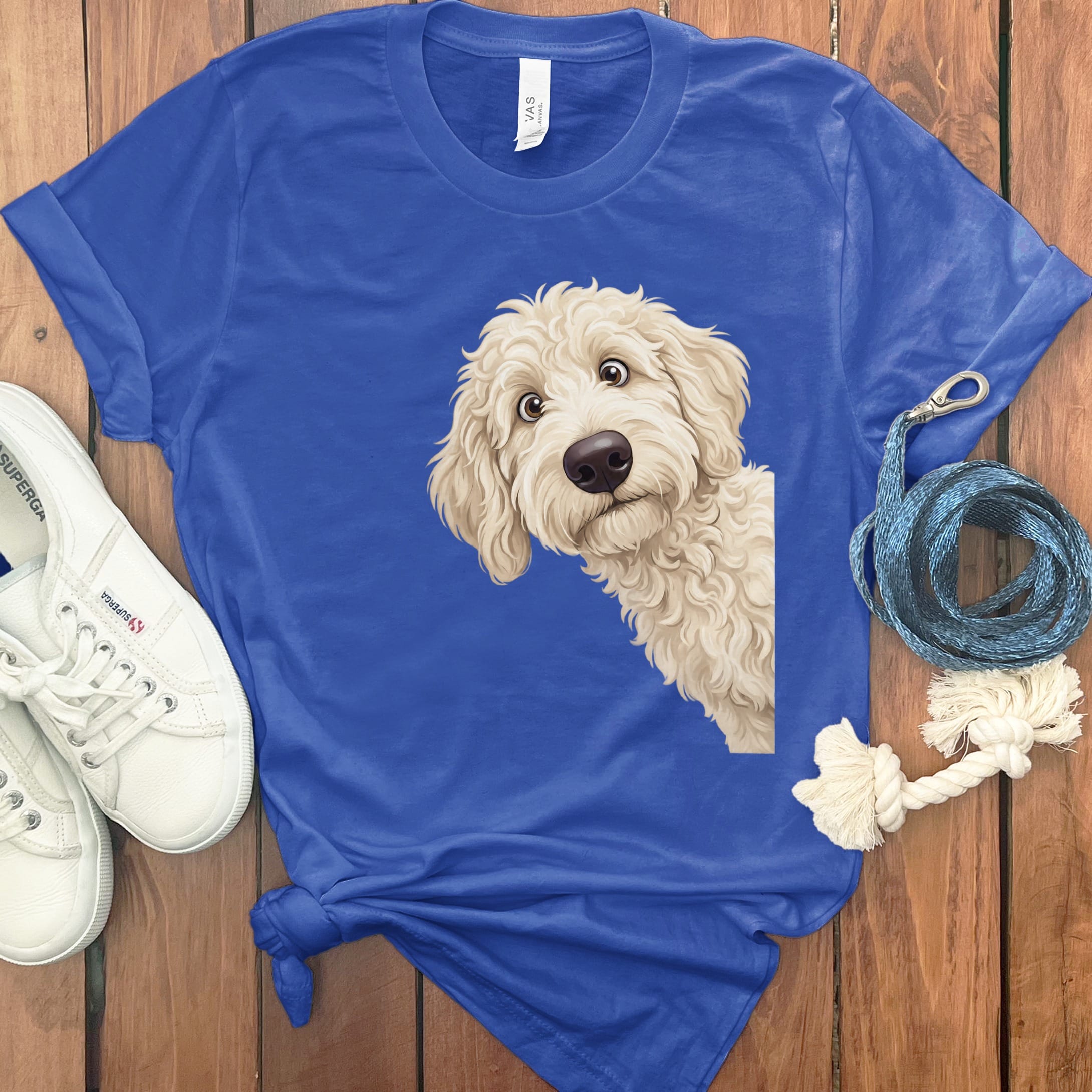 Funny Peeking Cream Goldendoodle T-Shirt in True Royal / S by Puppy Jo