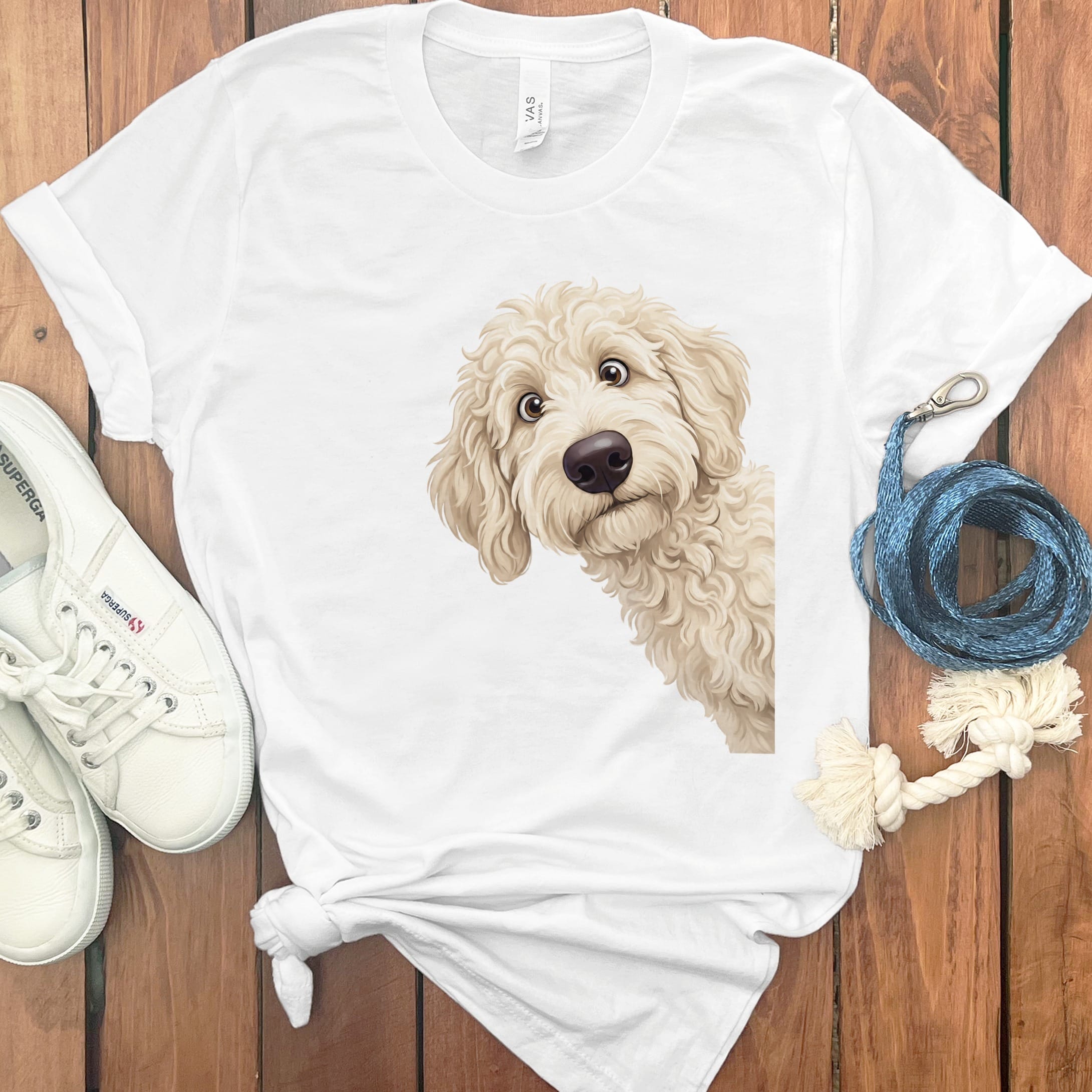 Funny Peeking Cream Goldendoodle T-Shirt in White / S by Puppy Jo