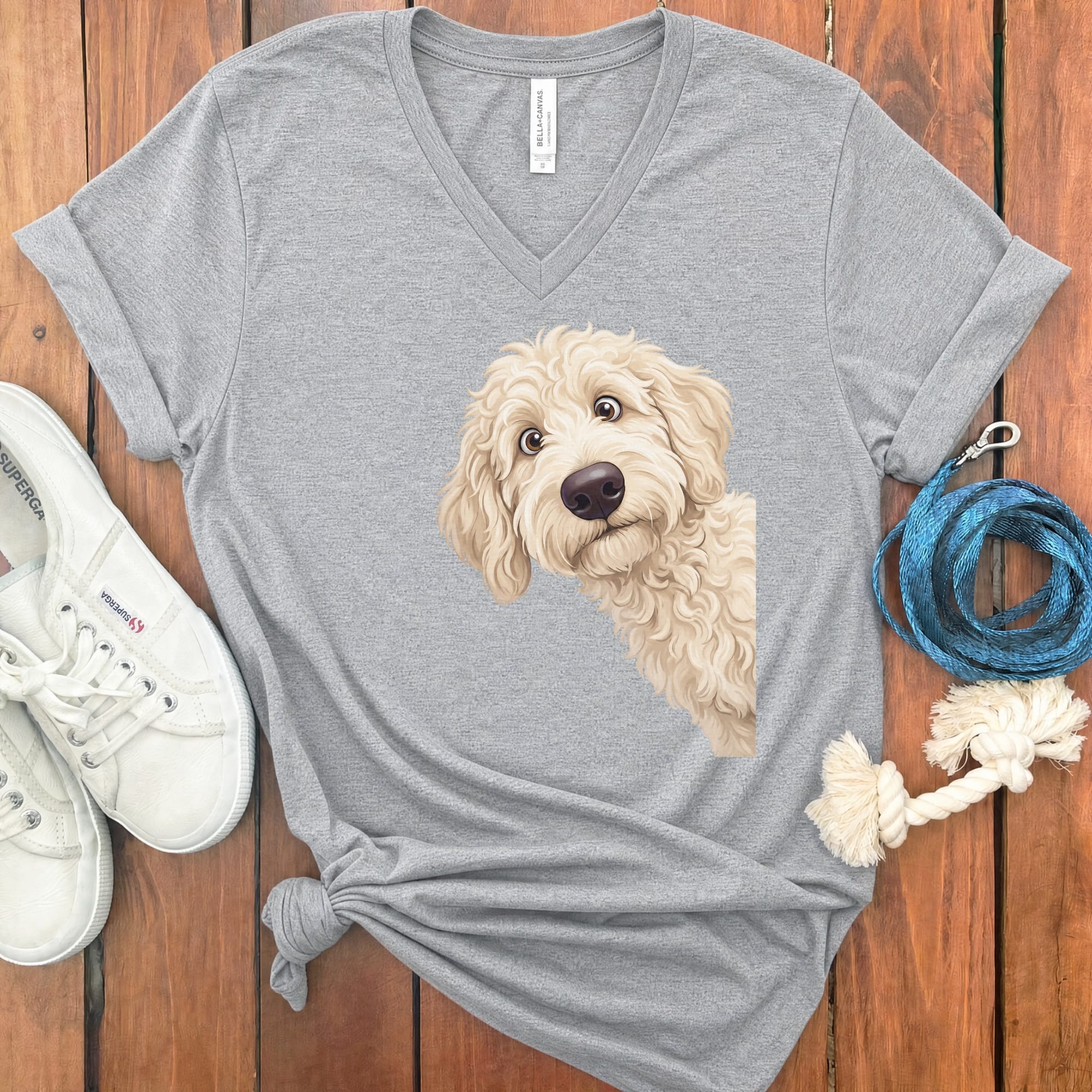 Funny Peeking Cream Goldendoodle V-Neck T-Shirt in Athletic Heather / S by Puppy Jo