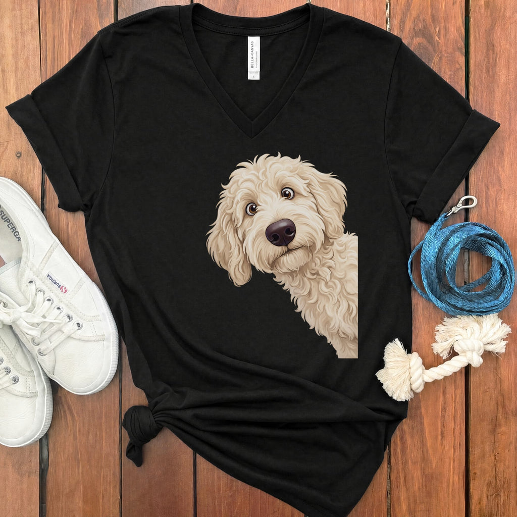 Funny Peeking Cream Goldendoodle V-Neck T-Shirt in Black / S by Puppy Jo