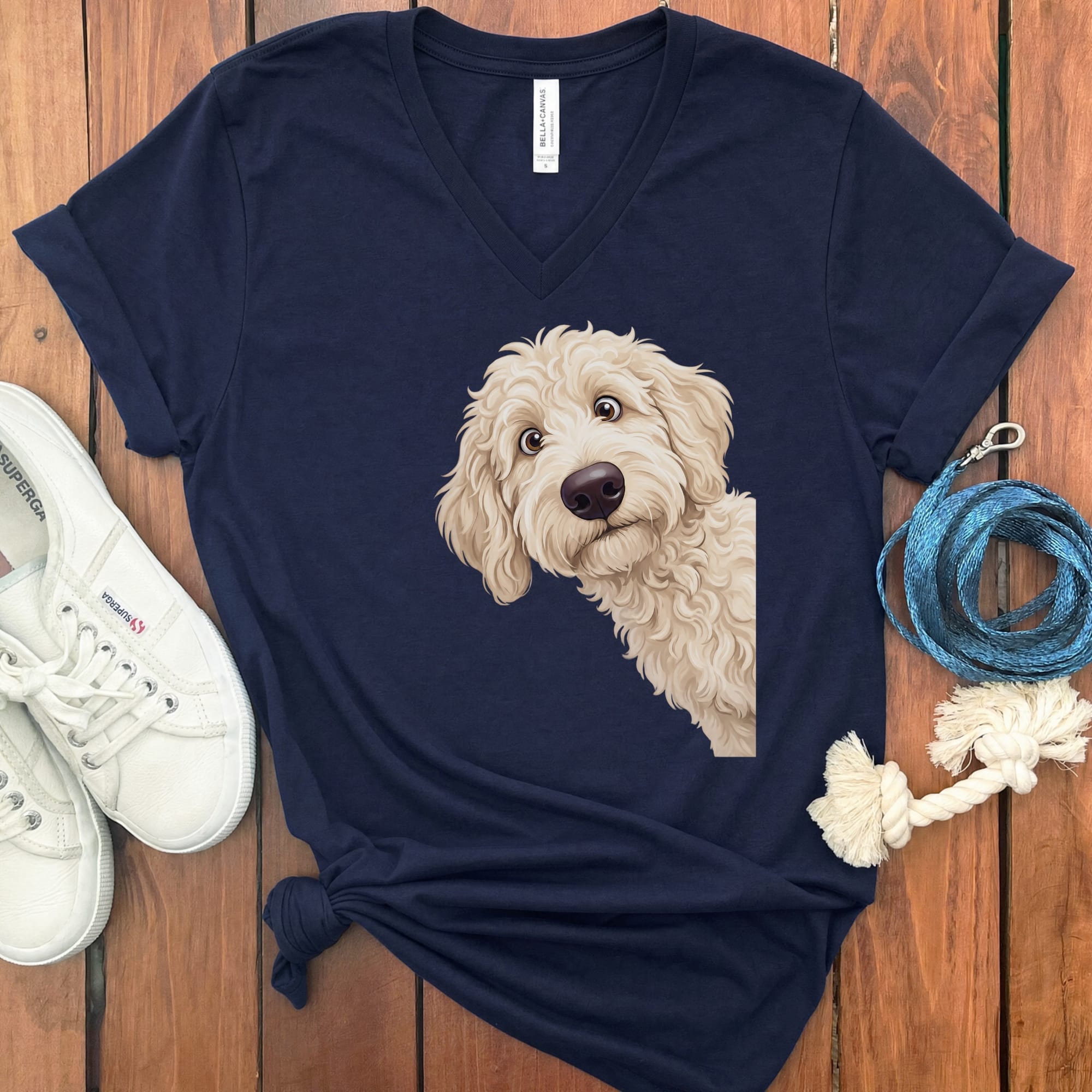 Funny Peeking Cream Goldendoodle V-Neck T-Shirt in Navy / S by Puppy Jo