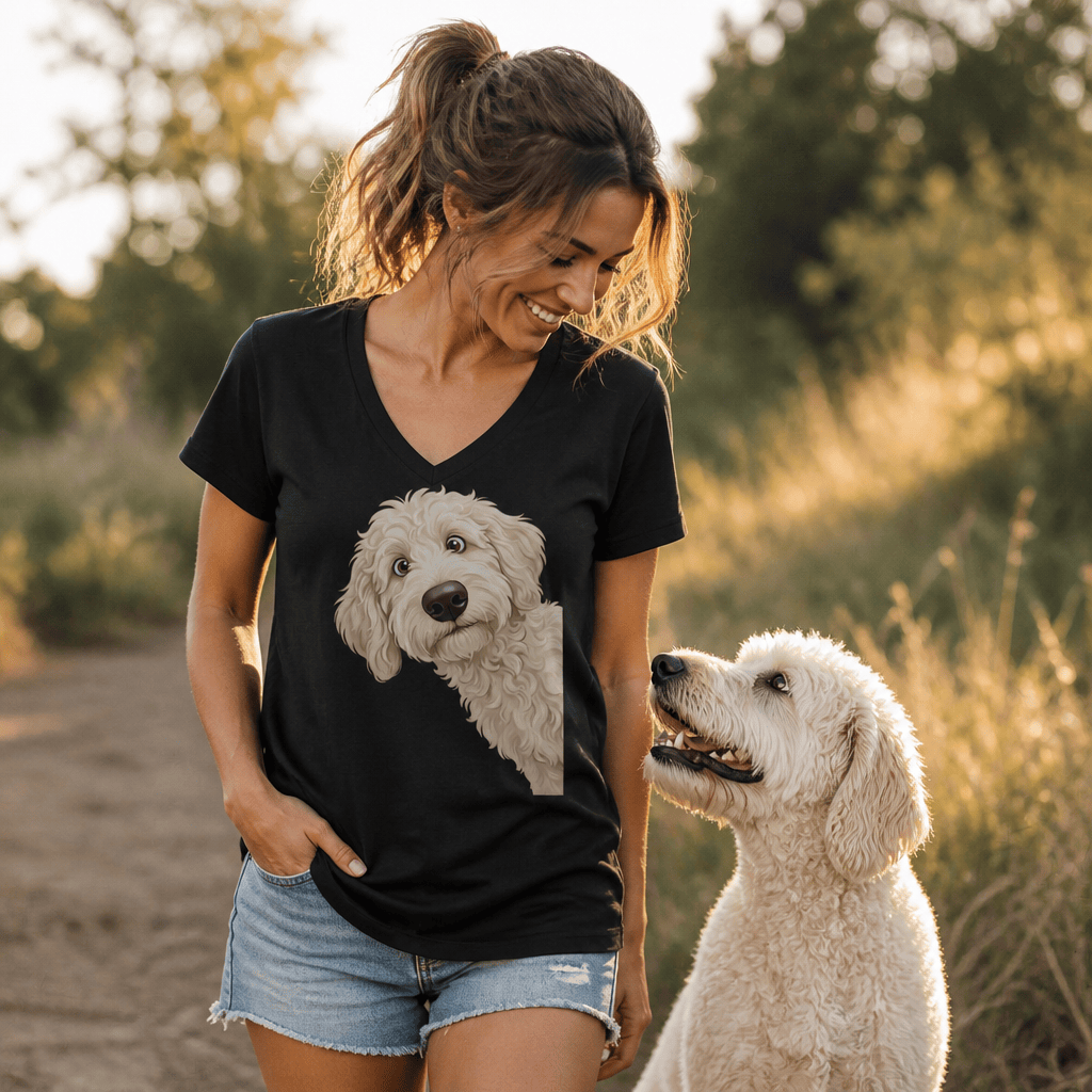 Funny Peeking Cream Goldendoodle V-Neck T-Shirt in by Puppy Jo