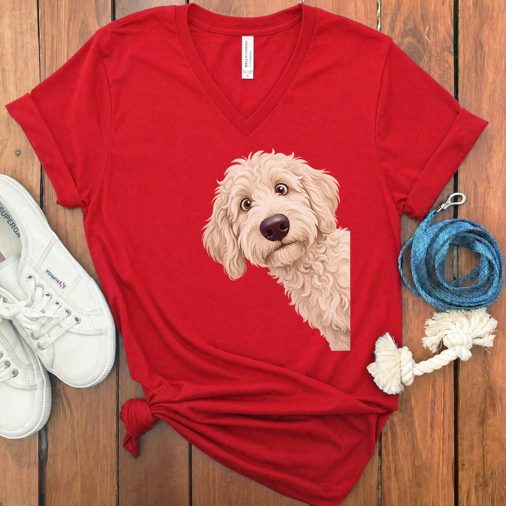 Funny Peeking Cream Goldendoodle V-Neck T-Shirt in Red / S by Puppy Jo