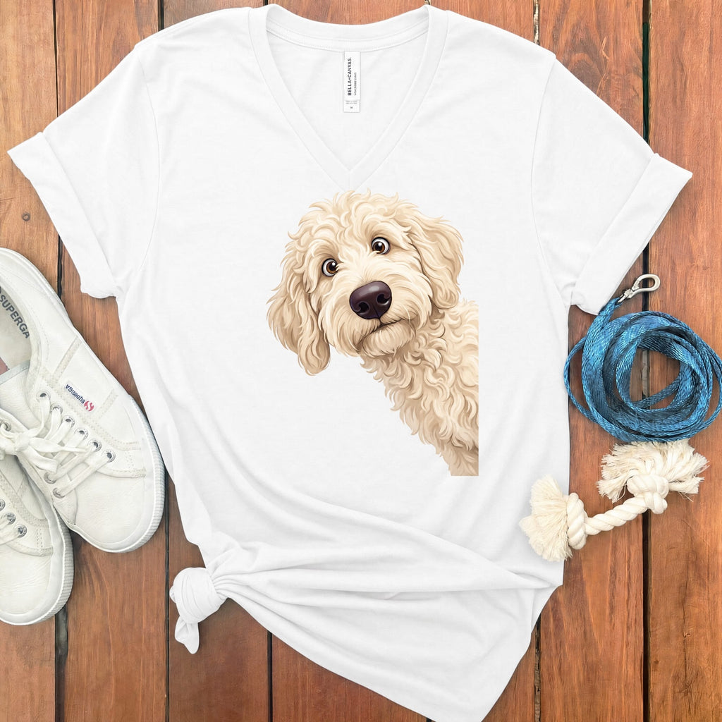 Funny Peeking Cream Goldendoodle V-Neck T-Shirt in White / S by Puppy Jo