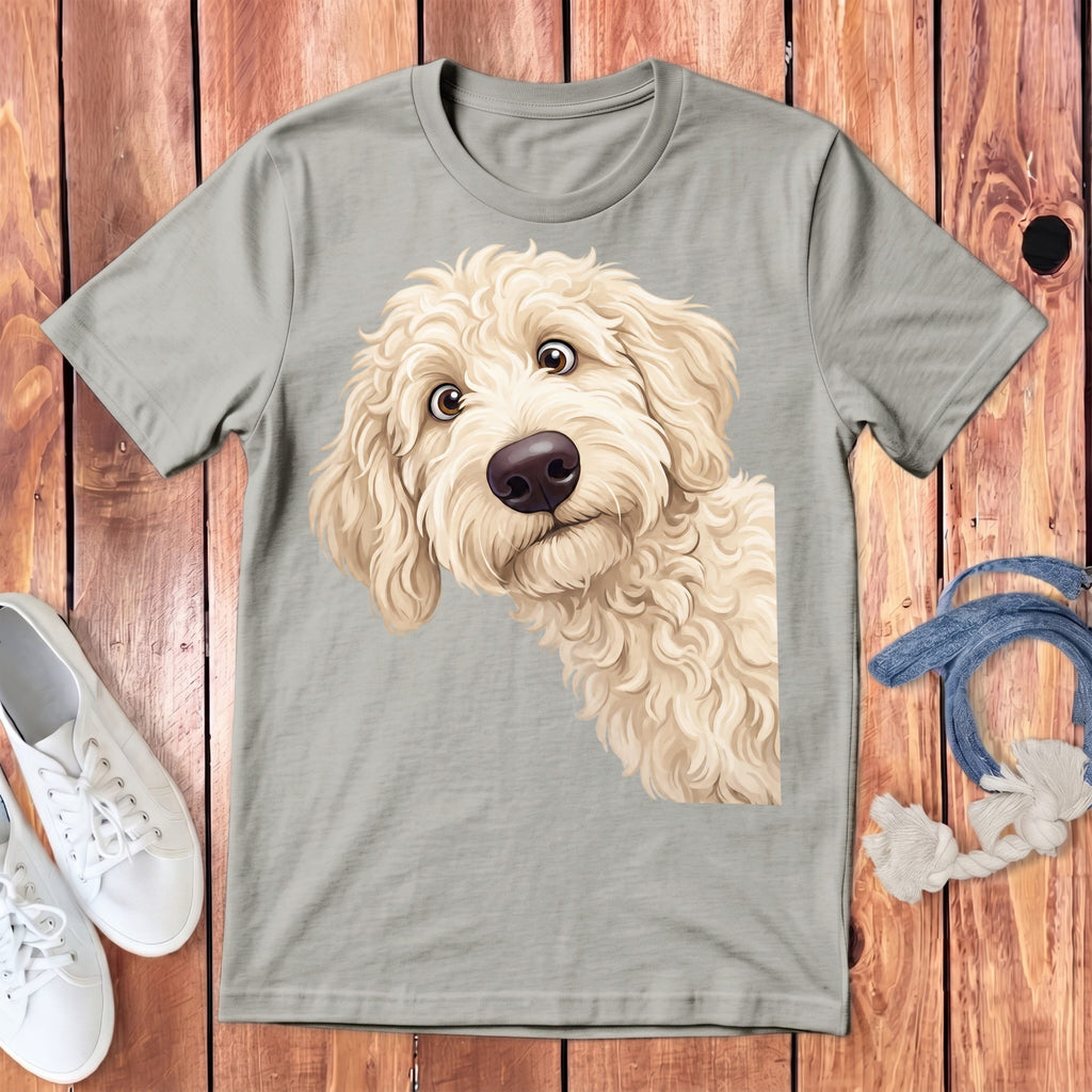 Funny Peeking Cream Goldendoodle Youth T-Shirt in Athletic Heather / S by Puppy Jo