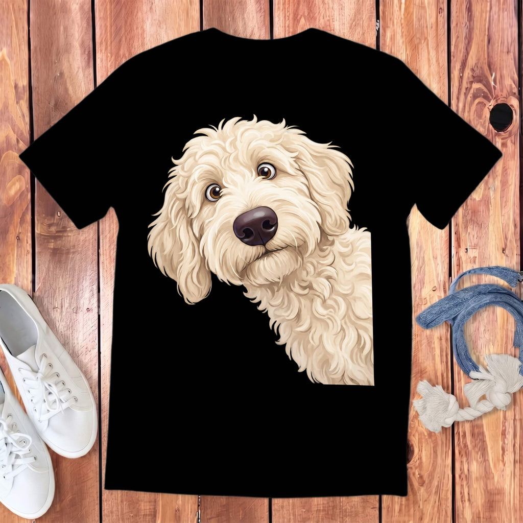 Funny Peeking Cream Goldendoodle Youth T-Shirt in Black / S by Puppy Jo