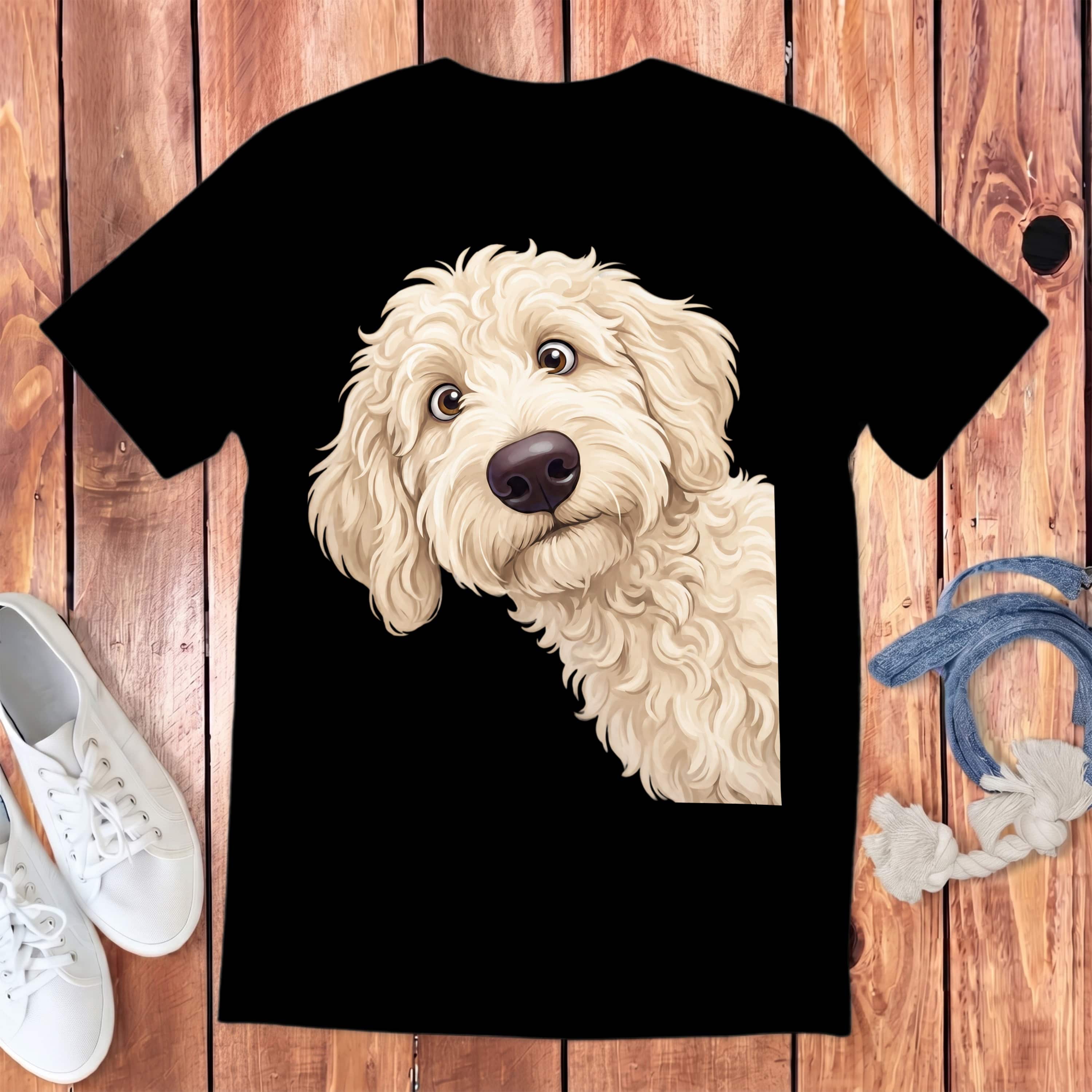 Funny Peeking Cream Goldendoodle Youth T-Shirt in Black / S by Puppy Jo