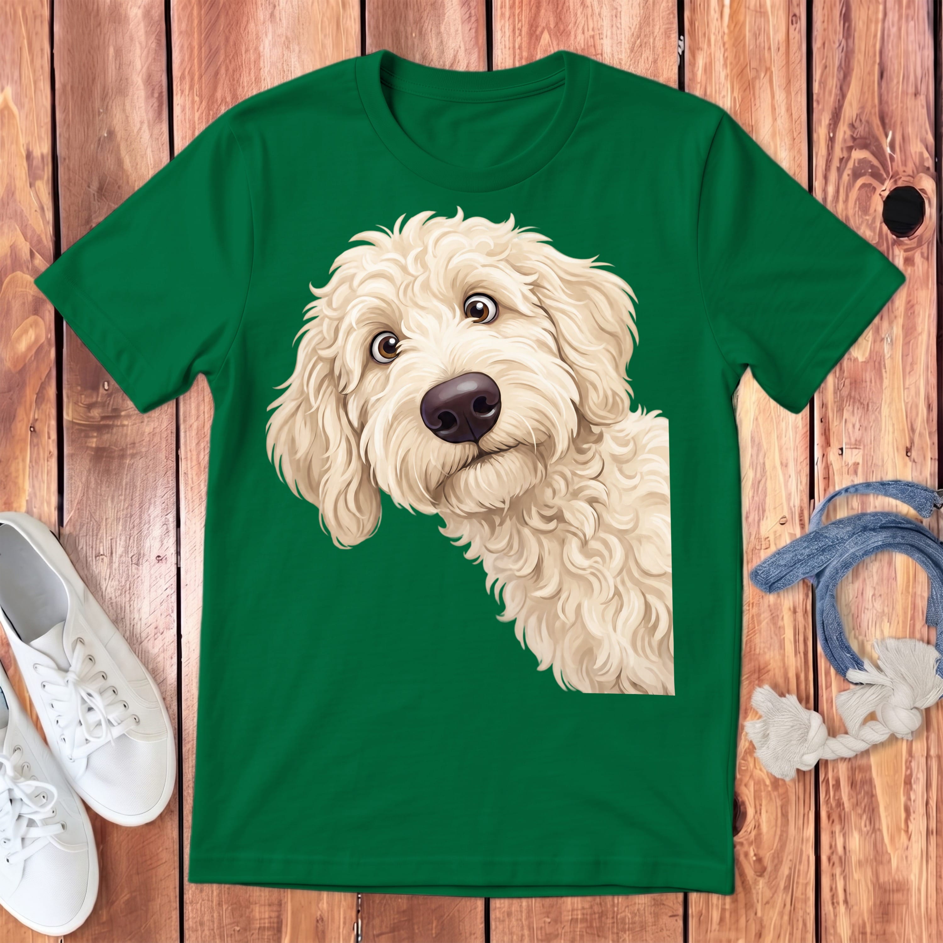 Funny Peeking Cream Goldendoodle Youth T-Shirt in Kelly / S by Puppy Jo