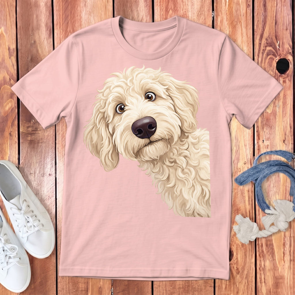 Funny Peeking Cream Goldendoodle Youth T-Shirt in Pink / S by Puppy Jo