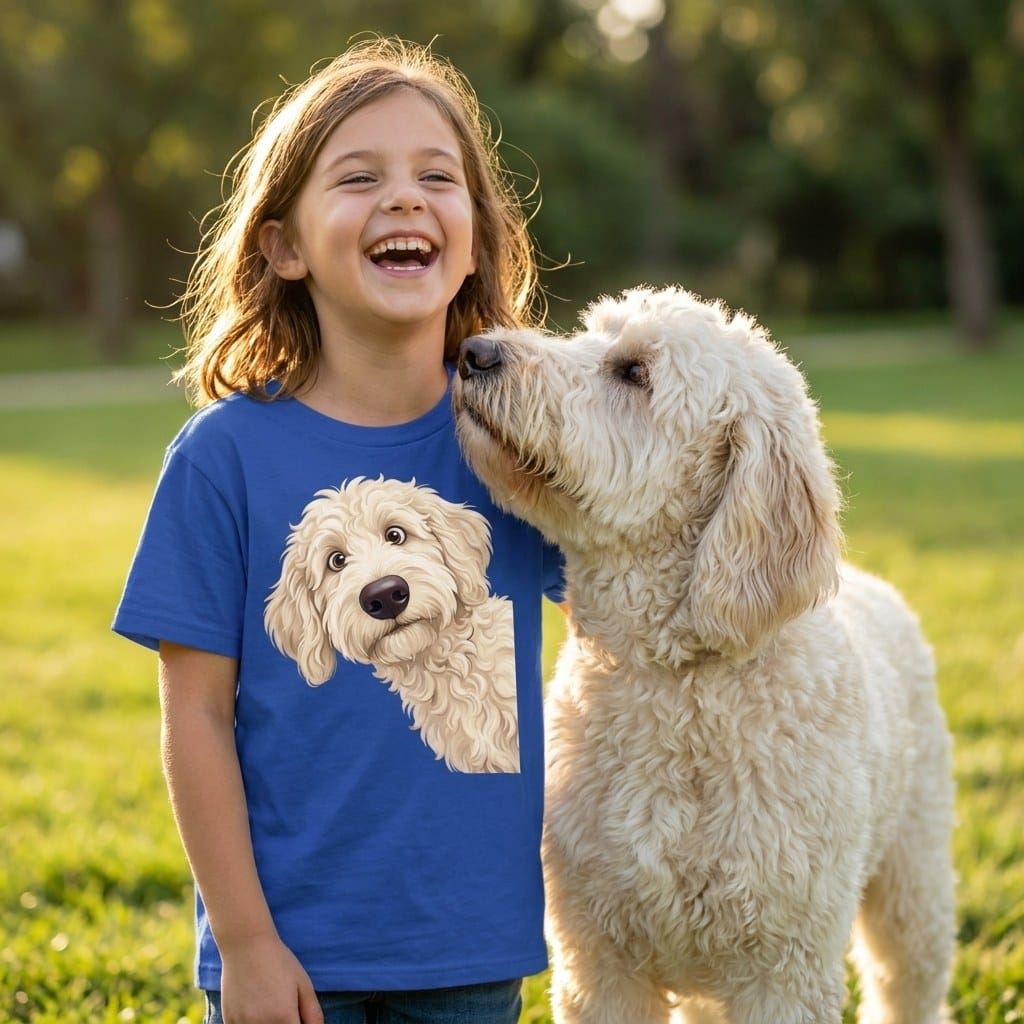 Funny Peeking Cream Goldendoodle Youth T-Shirt in by Puppy Jo