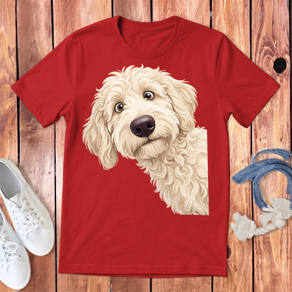 Funny Peeking Cream Goldendoodle Youth T-Shirt in Red / S by Puppy Jo