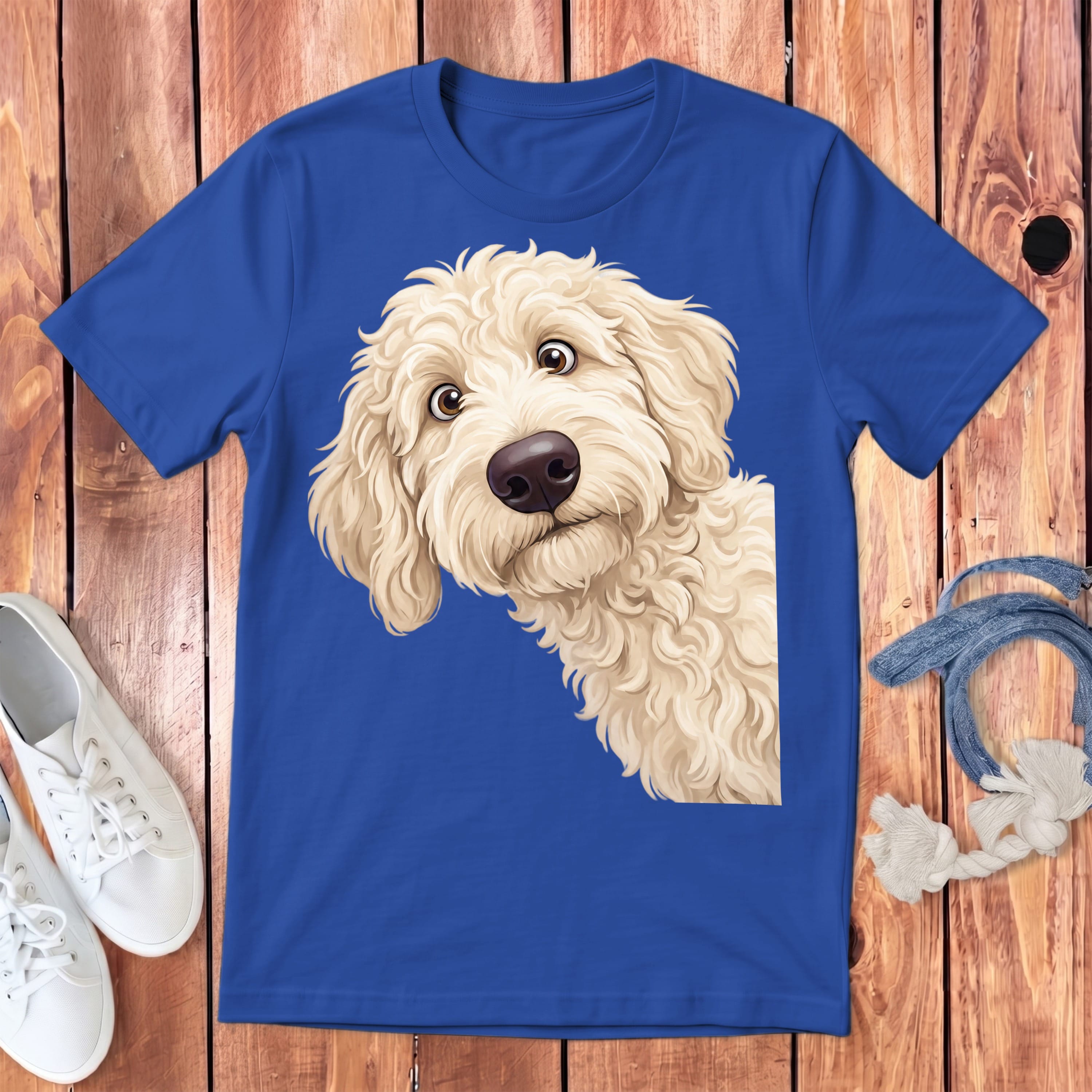 Funny Peeking Cream Goldendoodle Youth T-Shirt in True Royal / S by Puppy Jo