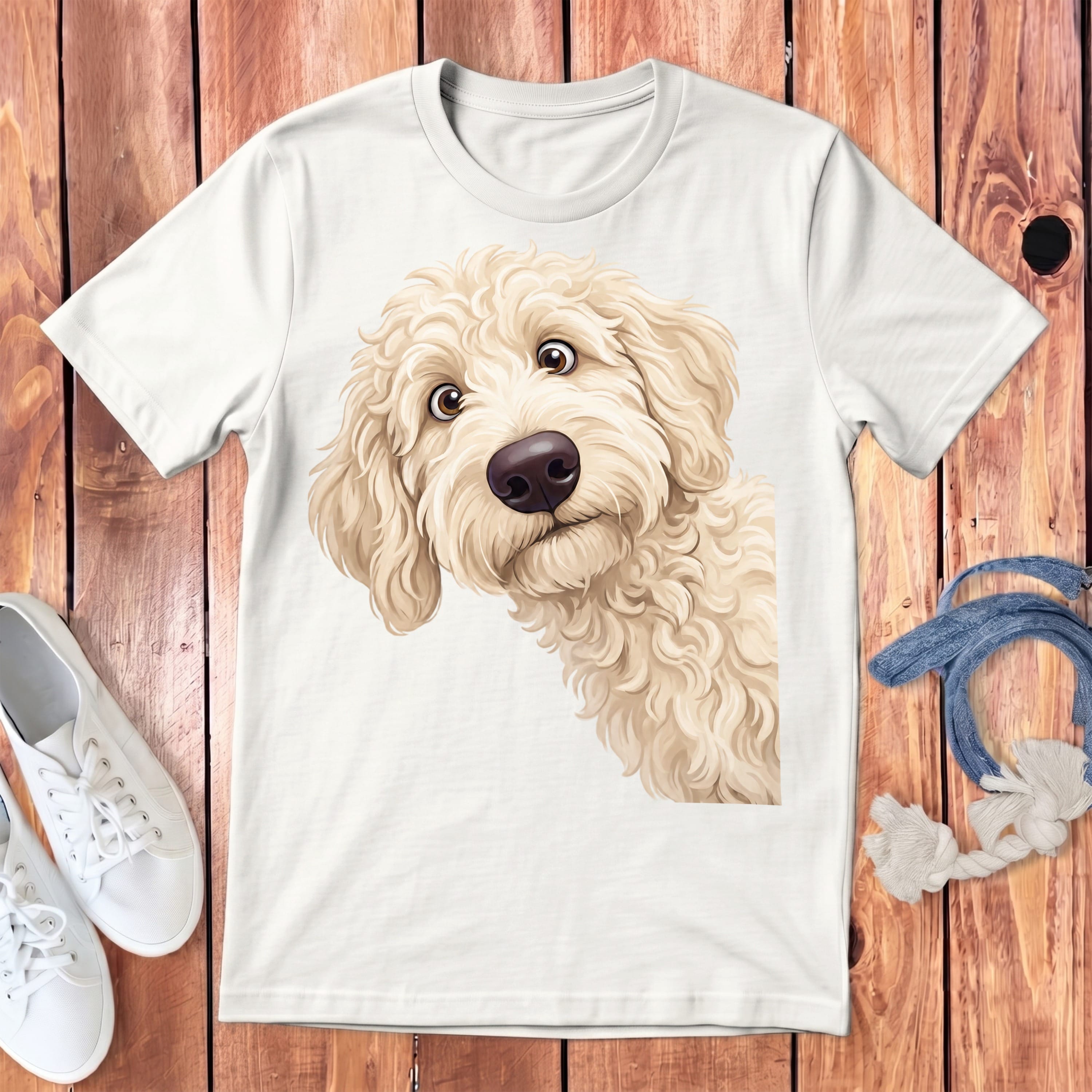 Funny Peeking Cream Goldendoodle Youth T-Shirt in White / S by Puppy Jo