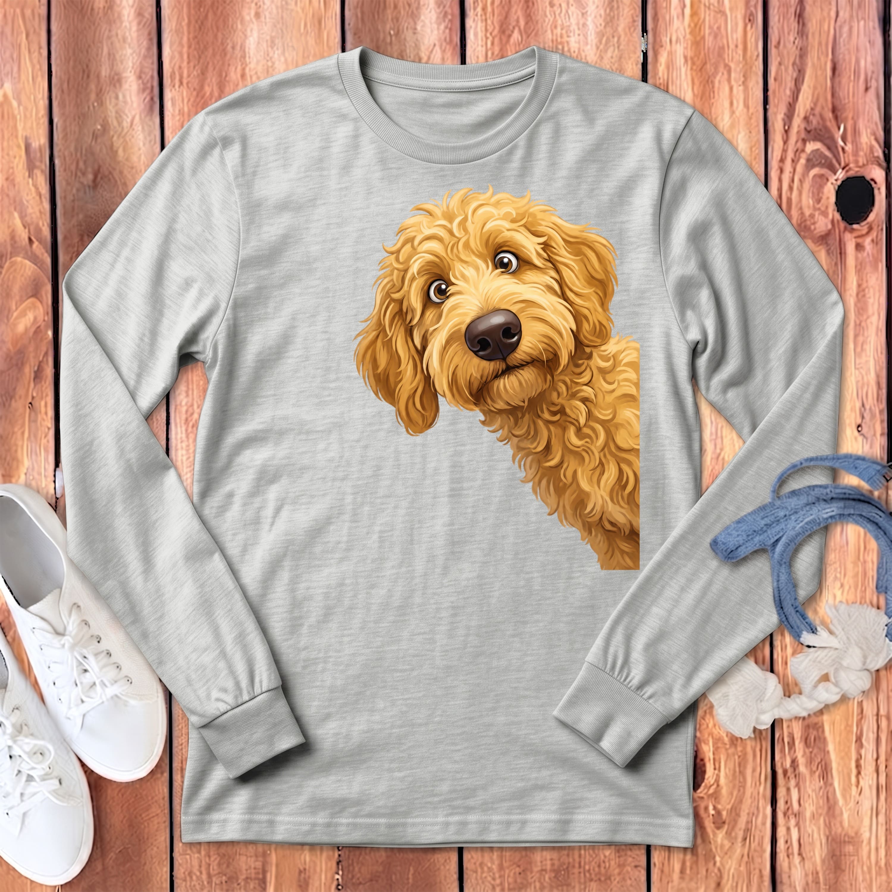 Funny Peeking Golden Goldendoodle Long Sleeve T-Shirt in Athletic Heather / S by Puppy Jo