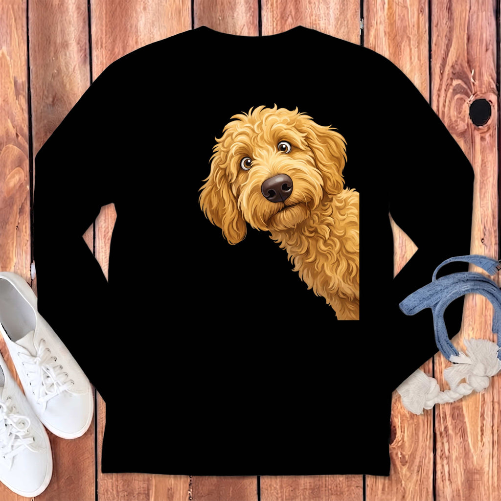 Funny Peeking Golden Goldendoodle Long Sleeve T-Shirt in Black / S by Puppy Jo