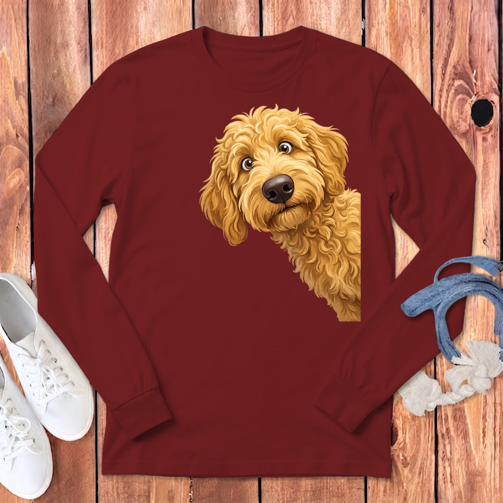 Funny Peeking Golden Goldendoodle Long Sleeve T-Shirt in Cardinal / S by Puppy Jo
