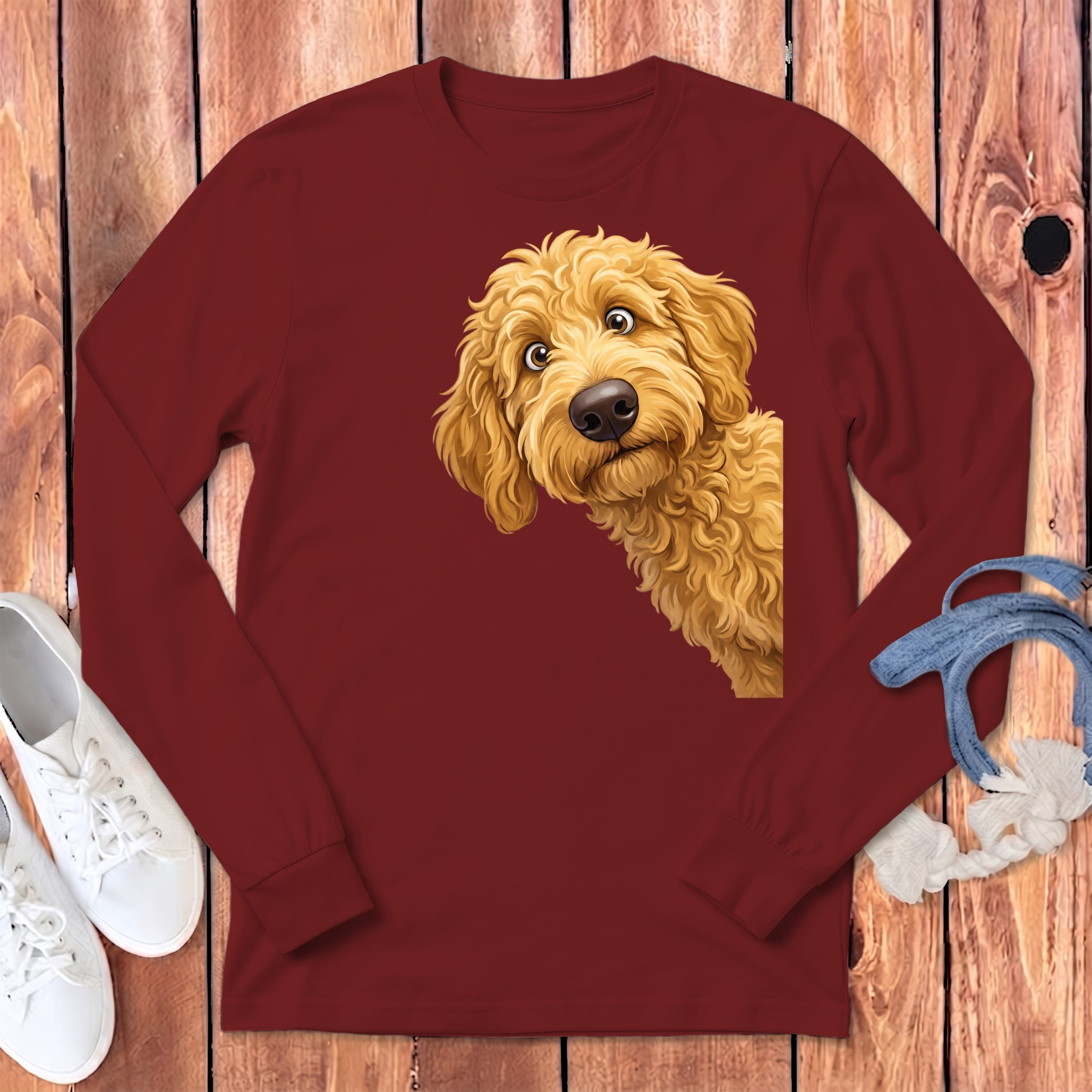 Funny Peeking Golden Goldendoodle Long Sleeve T-Shirt in Cardinal / S by Puppy Jo
