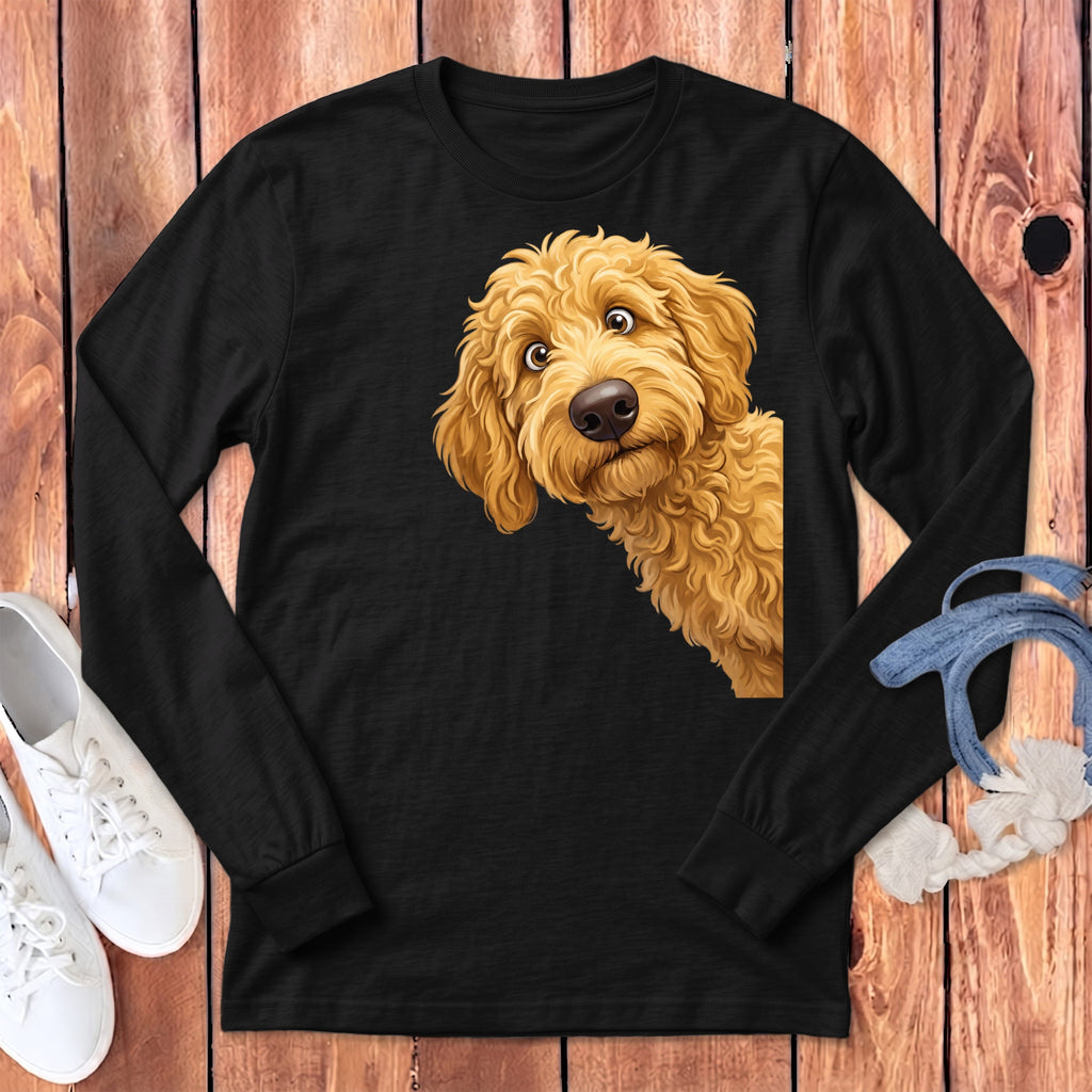 Funny Peeking Golden Goldendoodle Long Sleeve T-Shirt in Dark Grey Heather / S by Puppy Jo