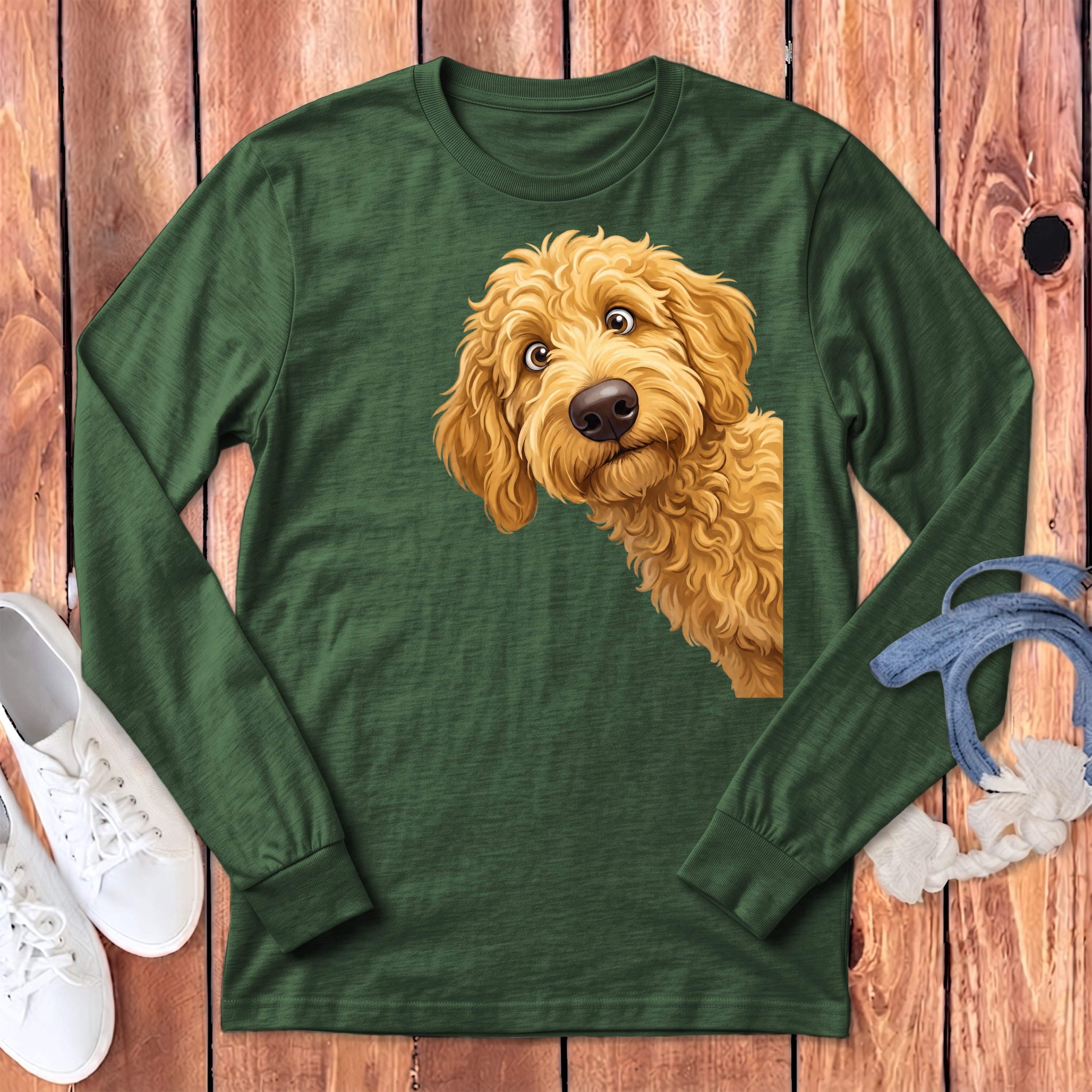 Funny Peeking Golden Goldendoodle Long Sleeve T-Shirt in Heather Forest / S by Puppy Jo
