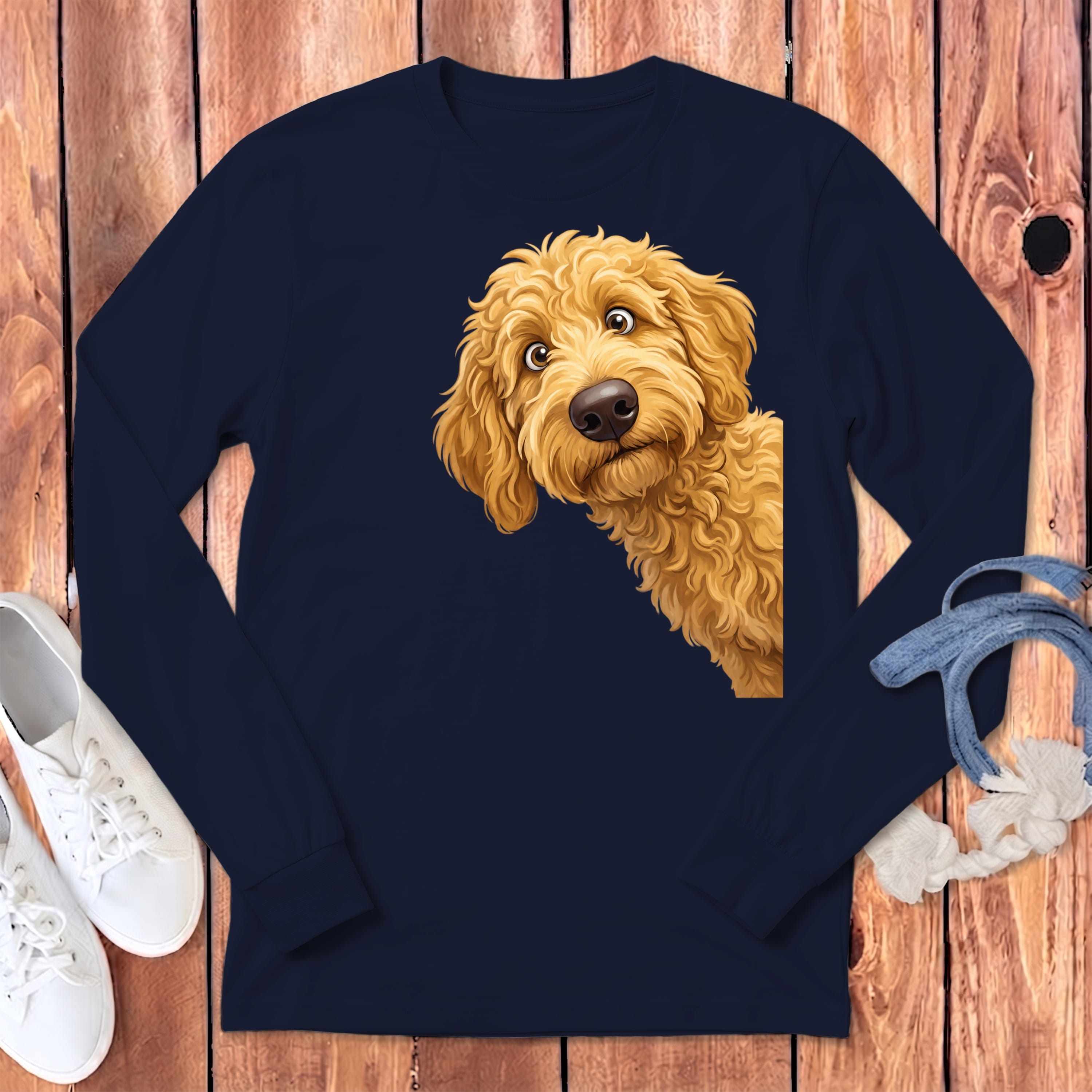 Funny Peeking Golden Goldendoodle Long Sleeve T-Shirt in Navy / S by Puppy Jo