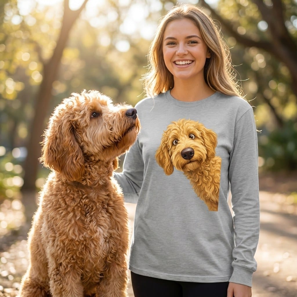 Funny Peeking Golden Goldendoodle Long Sleeve T-Shirt in by Puppy Jo