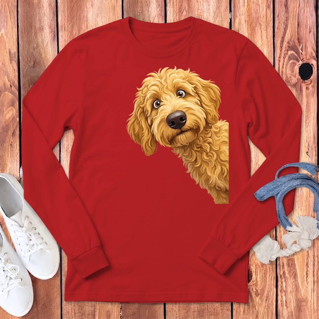 Funny Peeking Golden Goldendoodle Long Sleeve T-Shirt in Red / S by Puppy Jo