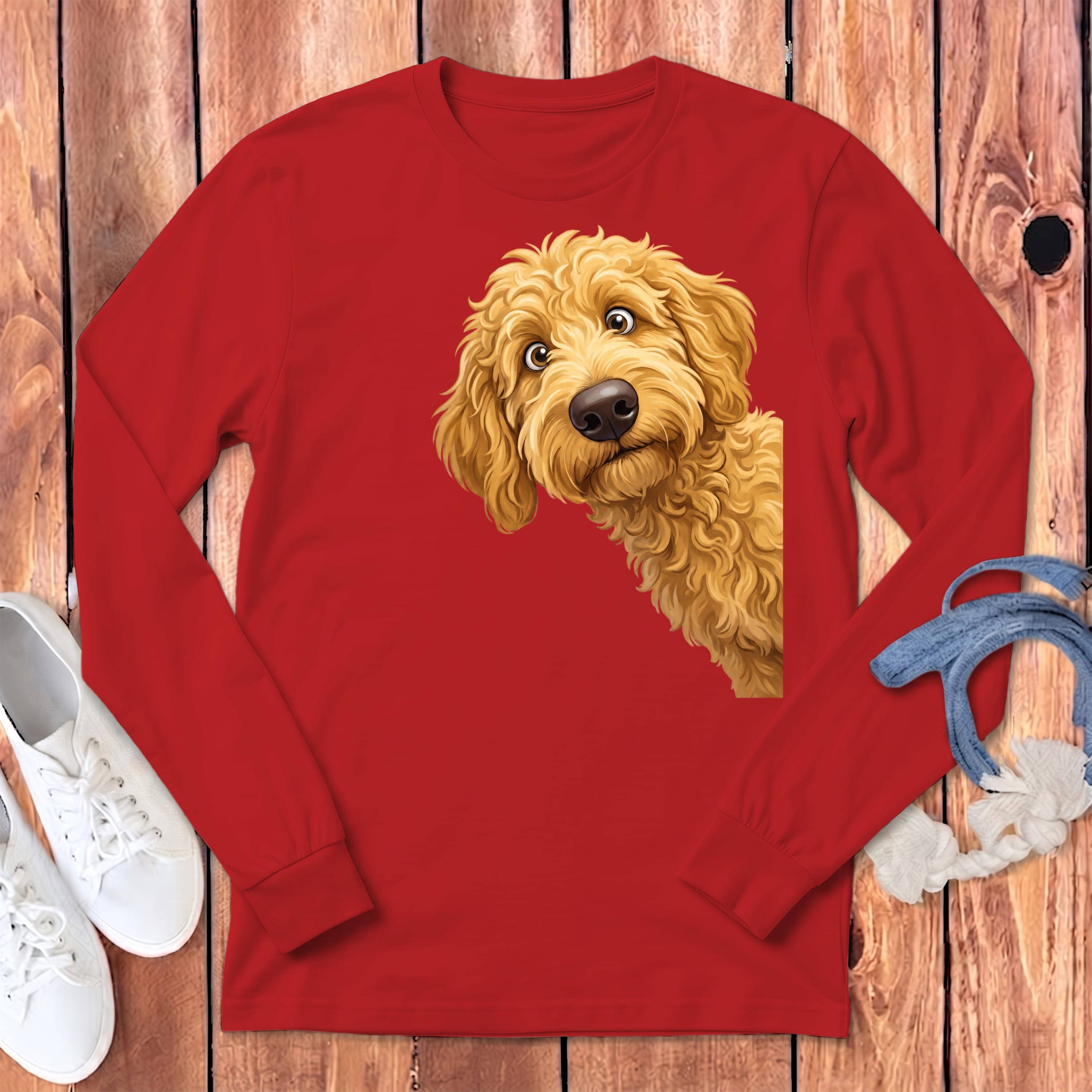 Funny Peeking Golden Goldendoodle Long Sleeve T-Shirt in Red / S by Puppy Jo