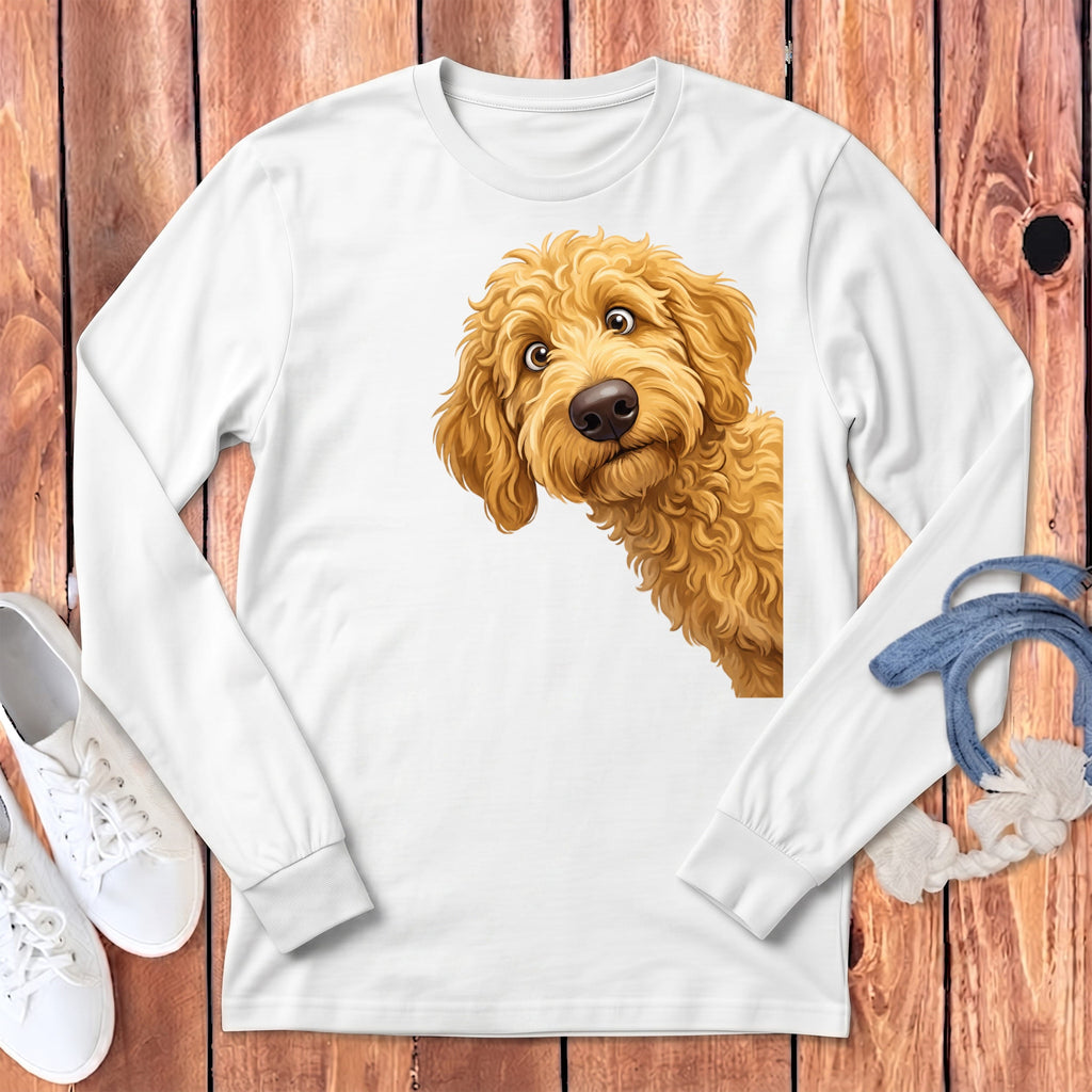 Funny Peeking Golden Goldendoodle Long Sleeve T-Shirt in White / S by Puppy Jo