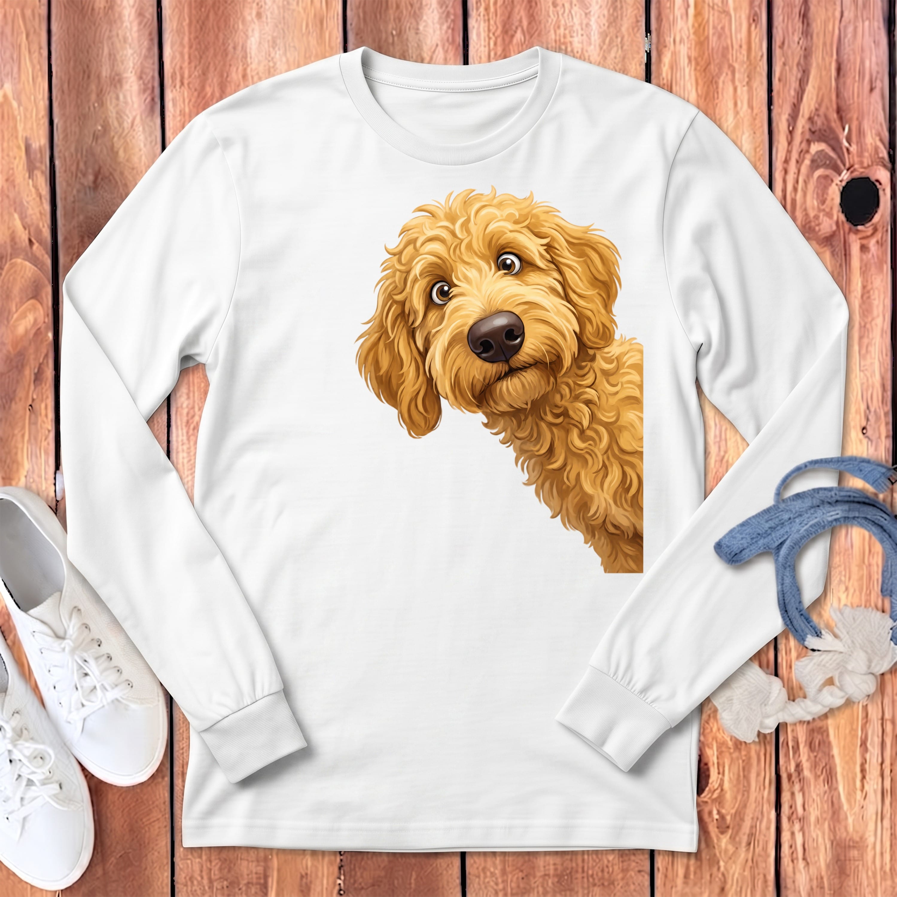 Funny Peeking Golden Goldendoodle Long Sleeve T-Shirt in White / S by Puppy Jo