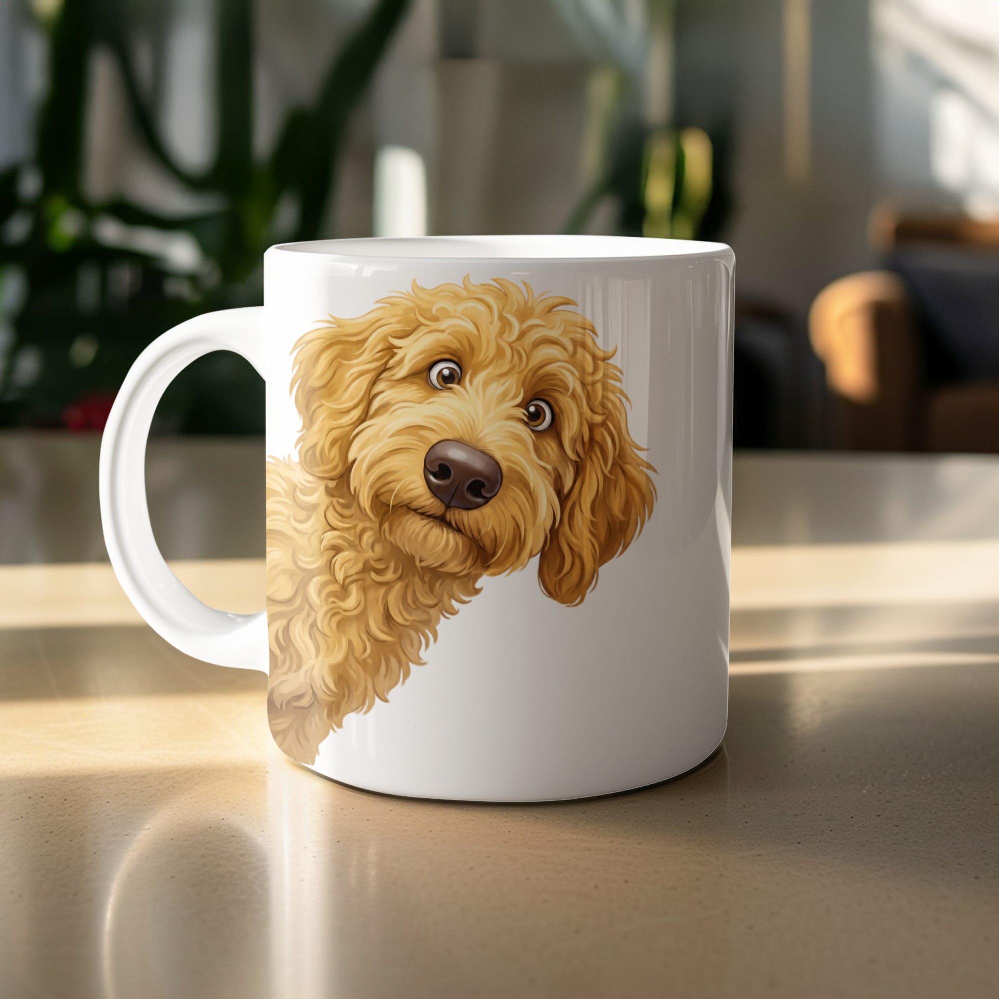 Funny Peeking Golden Goldendoodle Mug in by Puppy Jo