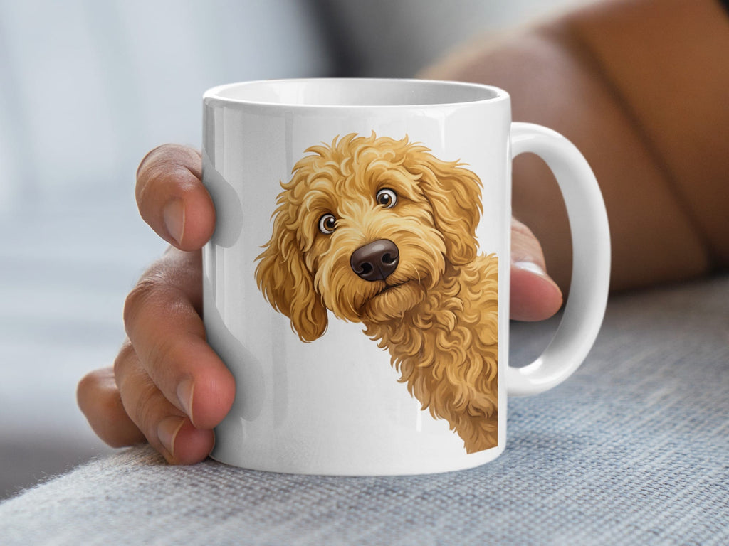 Funny Peeking Golden Goldendoodle Mug in by Puppy Jo